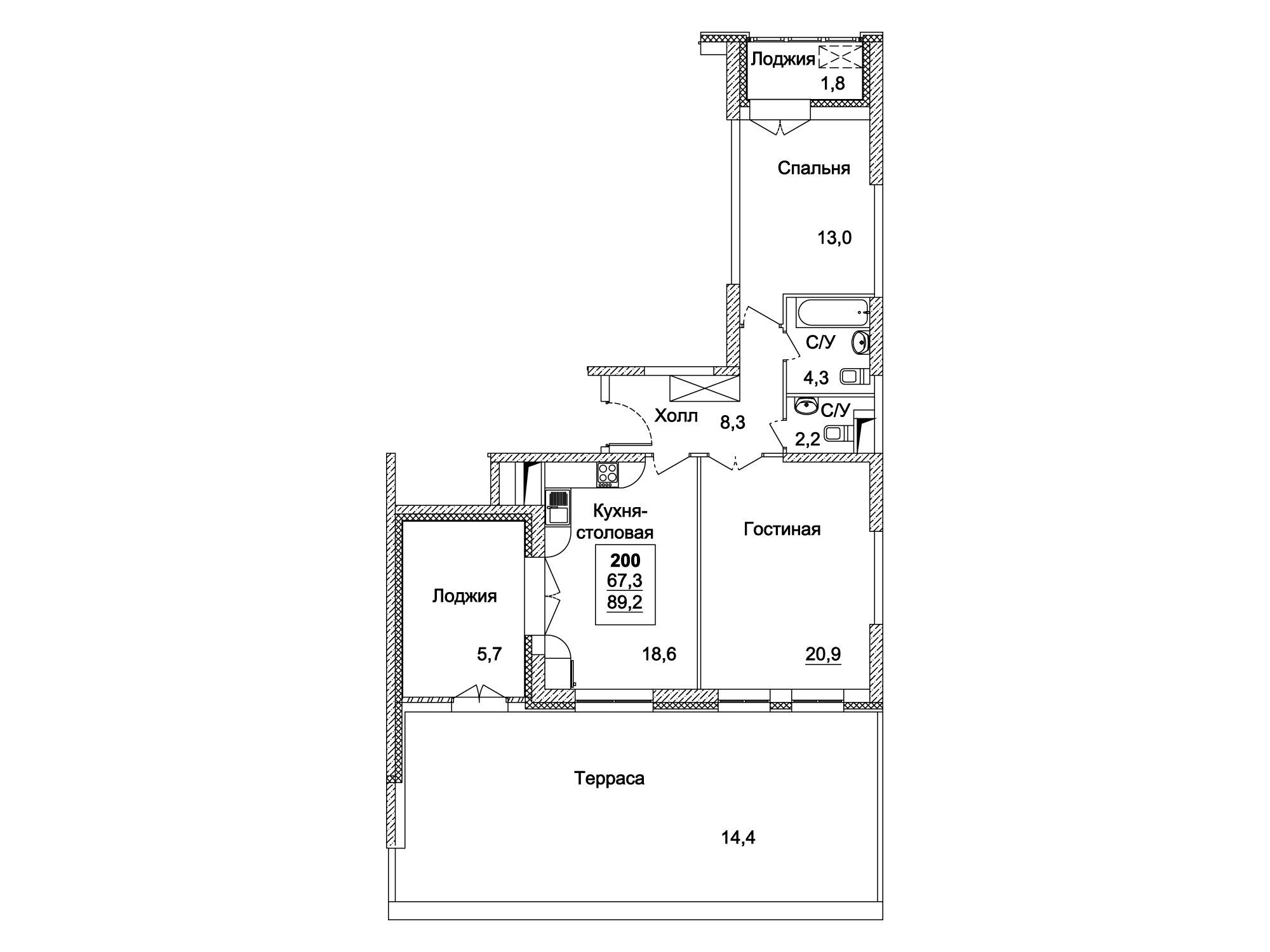 Планировка: 2-комн. квартира 89.20 м² в новостройке Династия