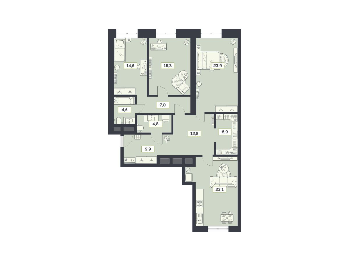 Планировка: 3-комн. квартира 125.60 м² в новостройке Лайм