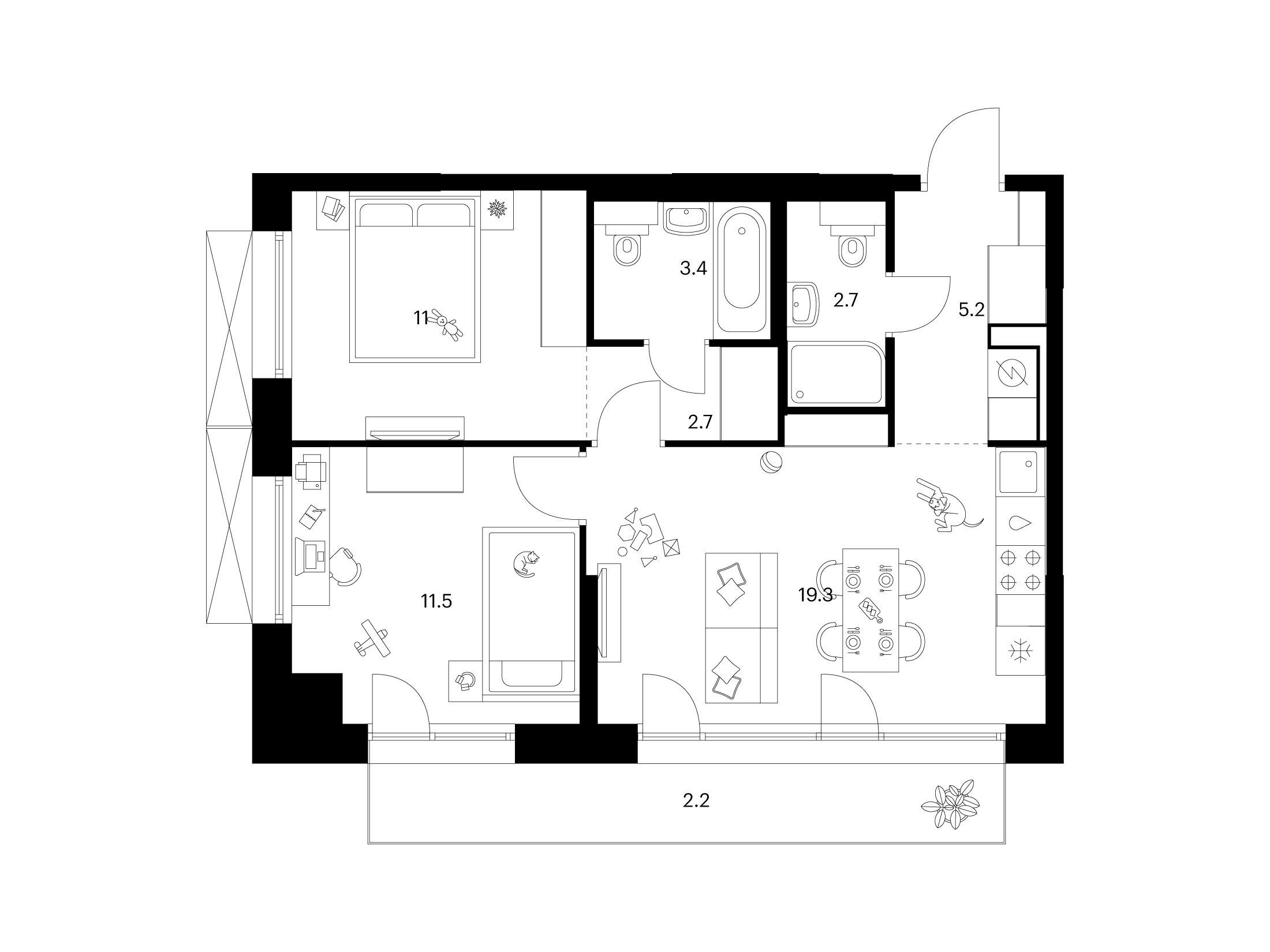 Планировка: 2-комн. квартира 58.00 м² в новостройке Плеханова 11