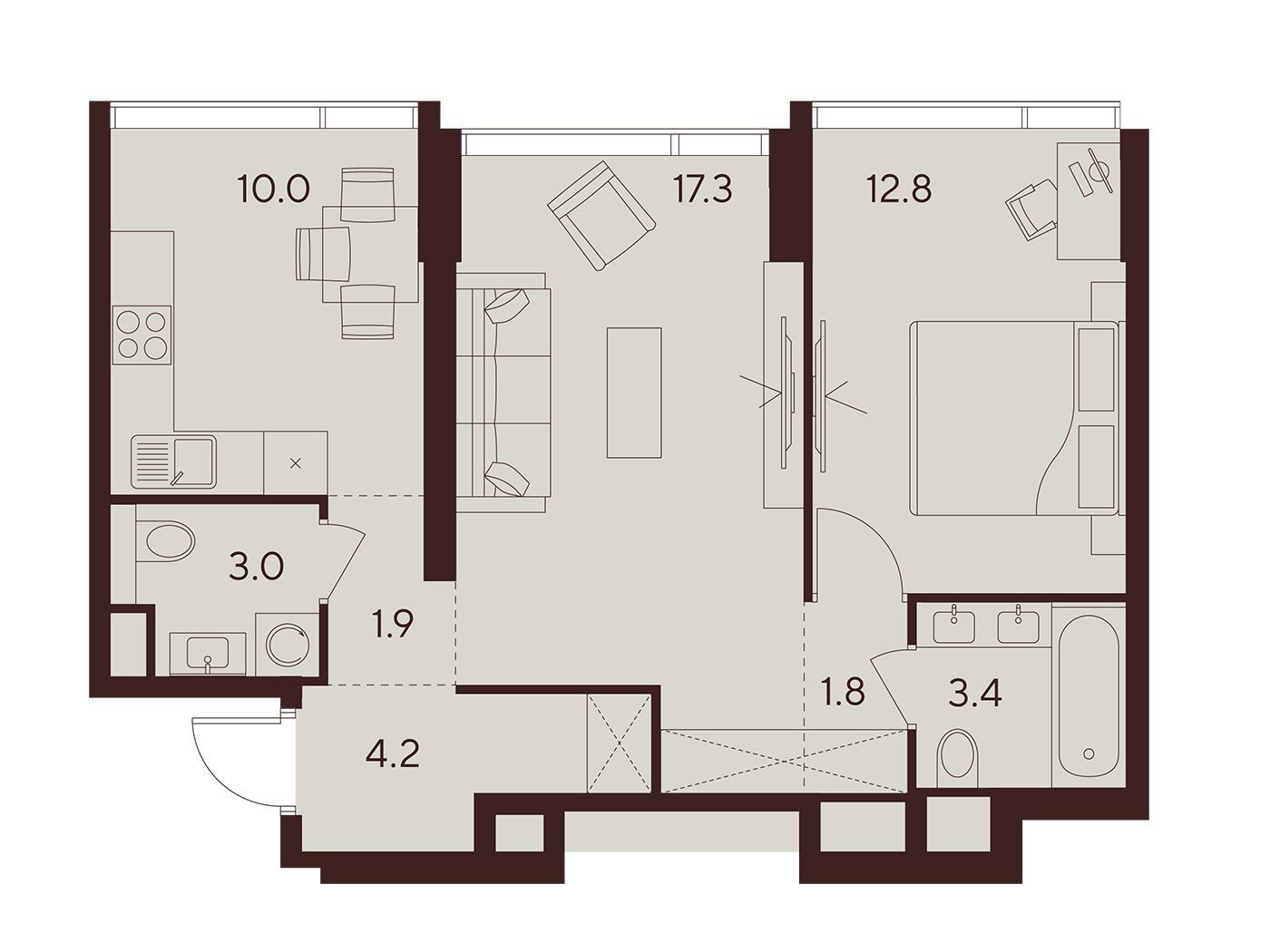 Планировка: 2-комн. квартира 54.40 м² в новостройке Инди Тауэрз