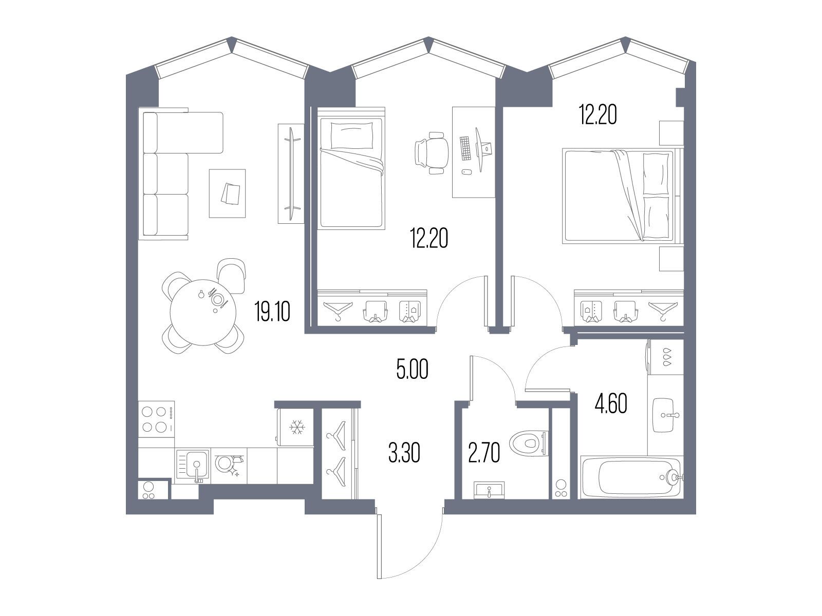 Планировка: 2-комн. квартира 59.10 м² в новостройке Северный Порт