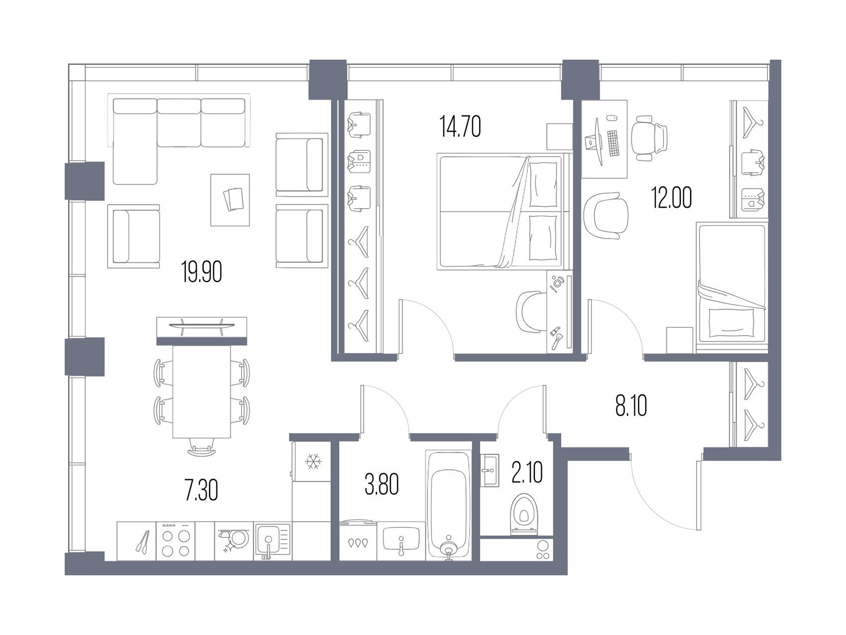 Планировка: 2-комн. квартира 67.90 м² в новостройке Северный Порт