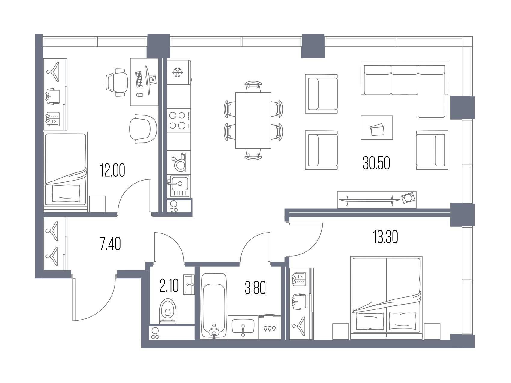 Планировка: 2-комн. квартира 69.10 м² в новостройке Северный Порт