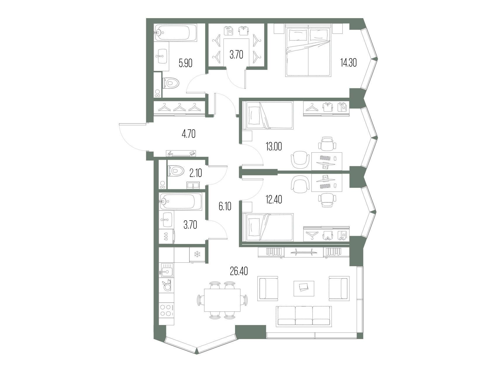 Планировка: 3-комн. квартира 92.30 м² в новостройке ЖК Северный Порт