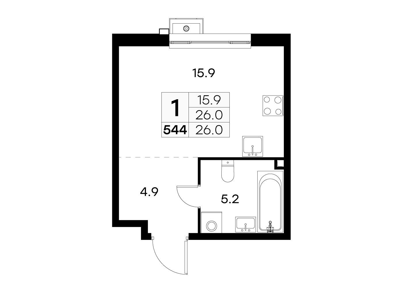 Планировка: Студия 26.00 м² в новостройке ЖК Куркино