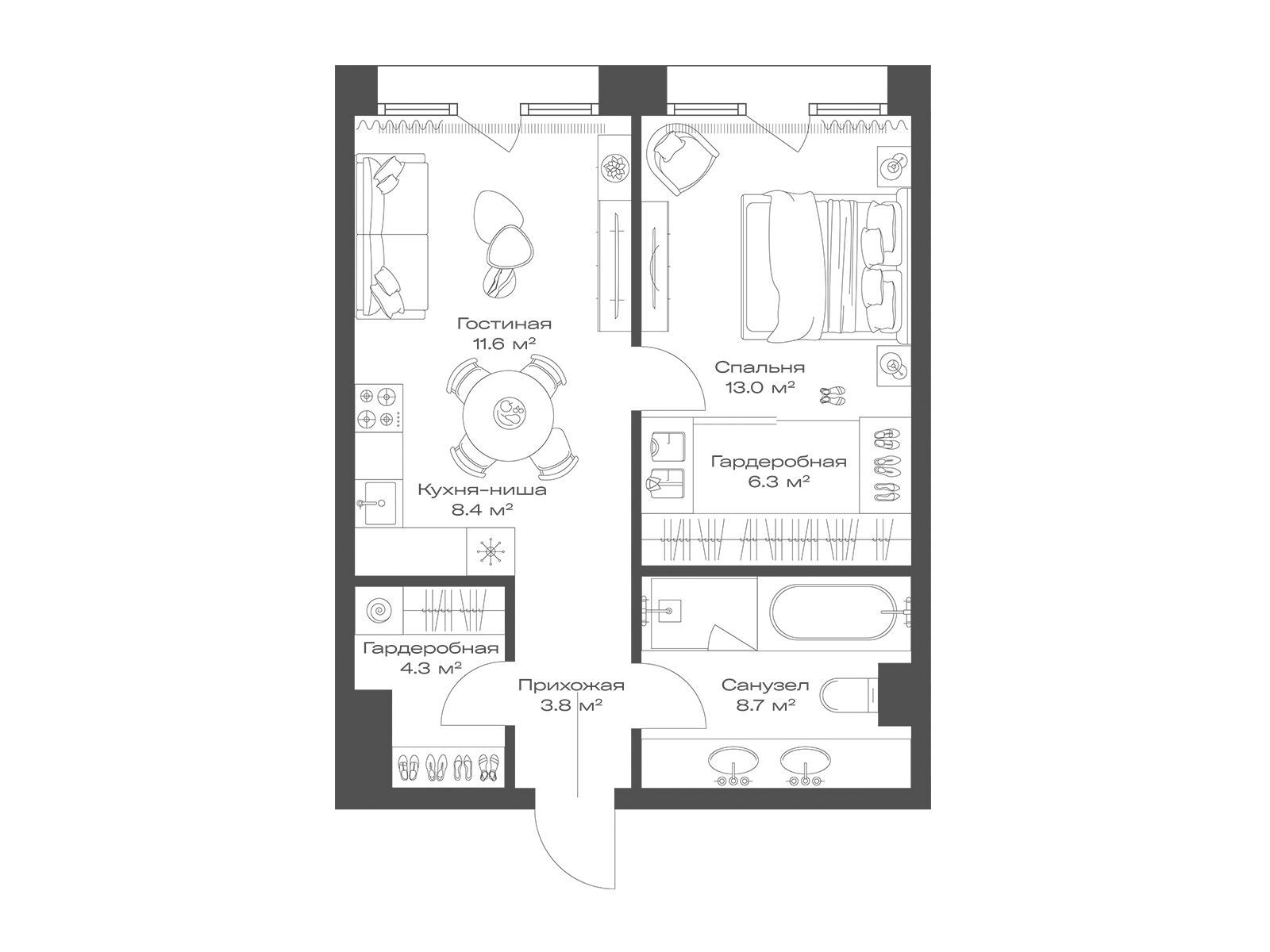 Планировка: 1-комн. квартира 56.10 м² в новостройке Опус