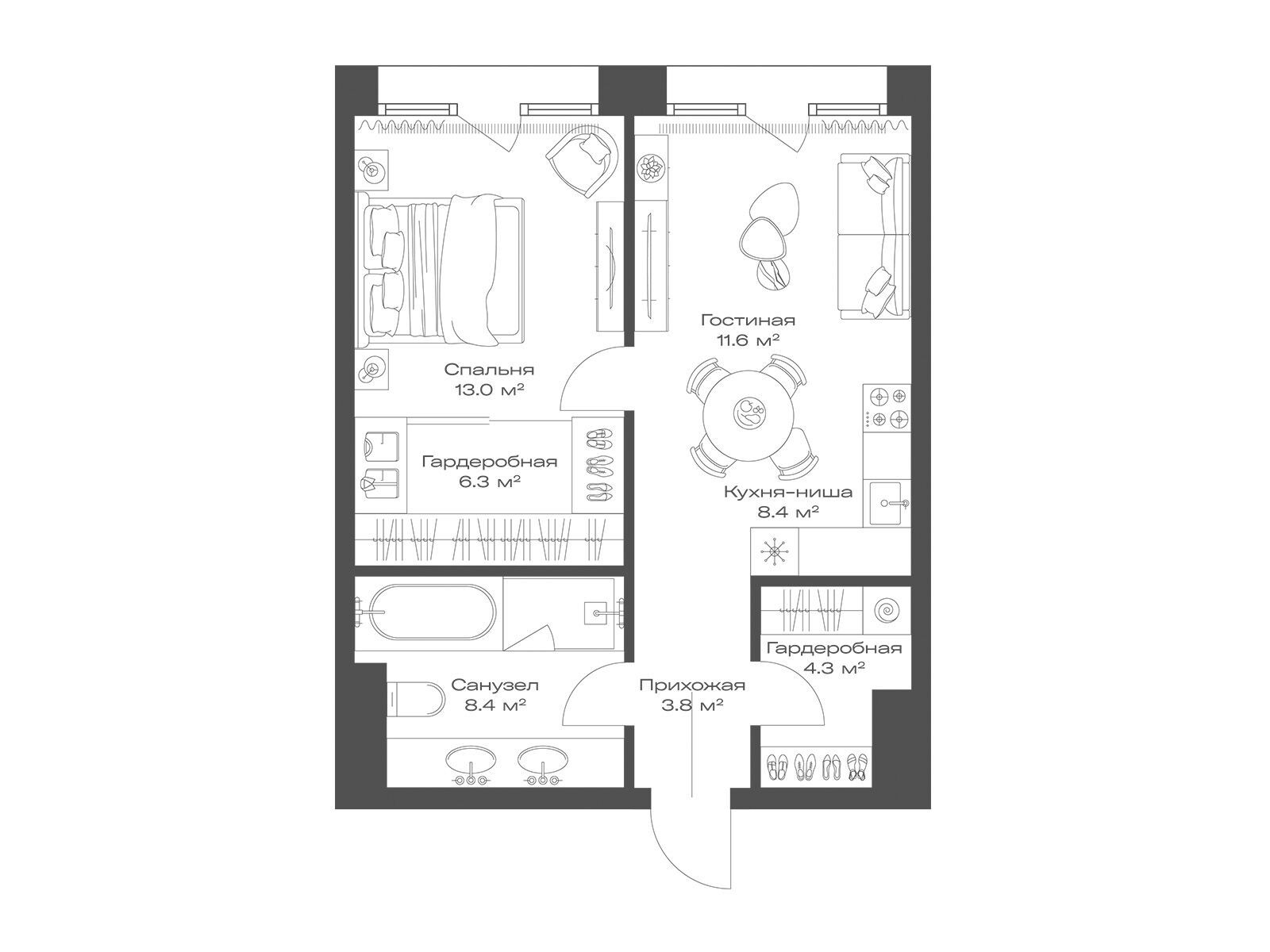 Планировка: 1-комн. квартира 55.80 м² в новостройке Опус