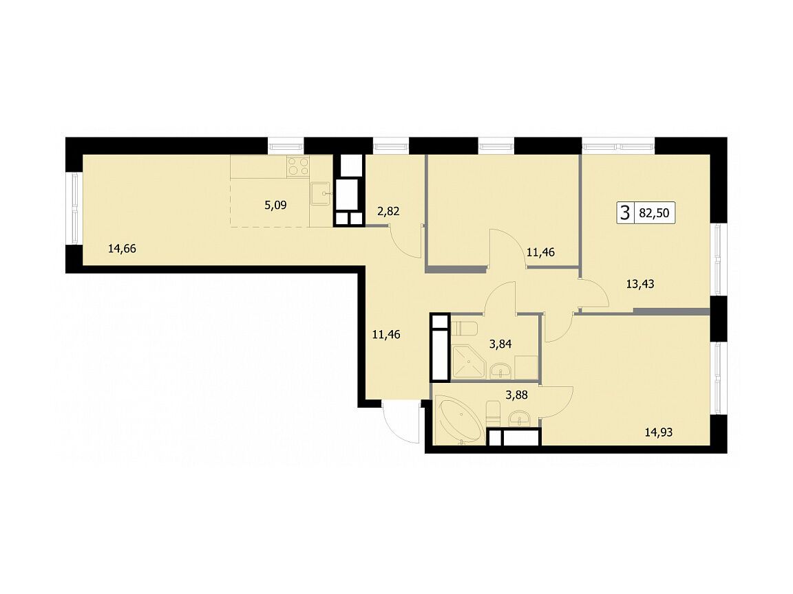 Планировка: 3-комн. квартира 82.50 м² в новостройке Парковый квартал Селф
