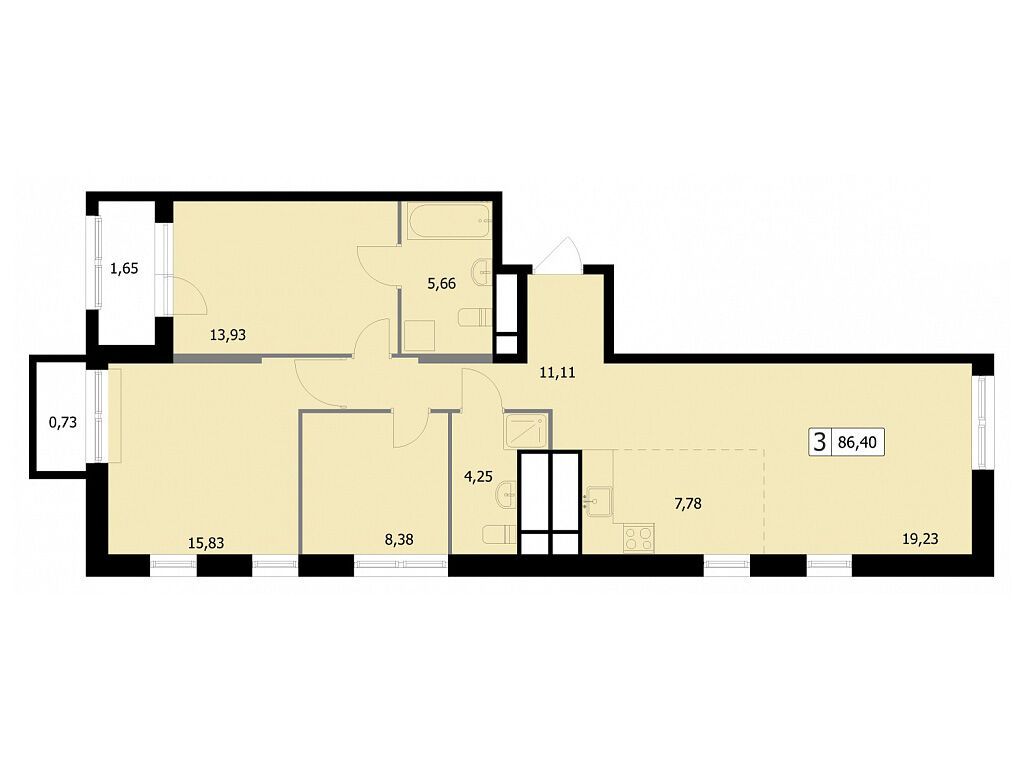 Планировка: 3-комн. квартира 86.40 м² в новостройке Парковый квартал Селф