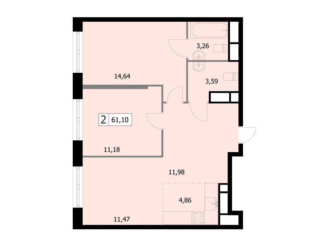 Планировка: 2-комнатная квартира 61.10 м² в новостройке Парковый квартал Селф