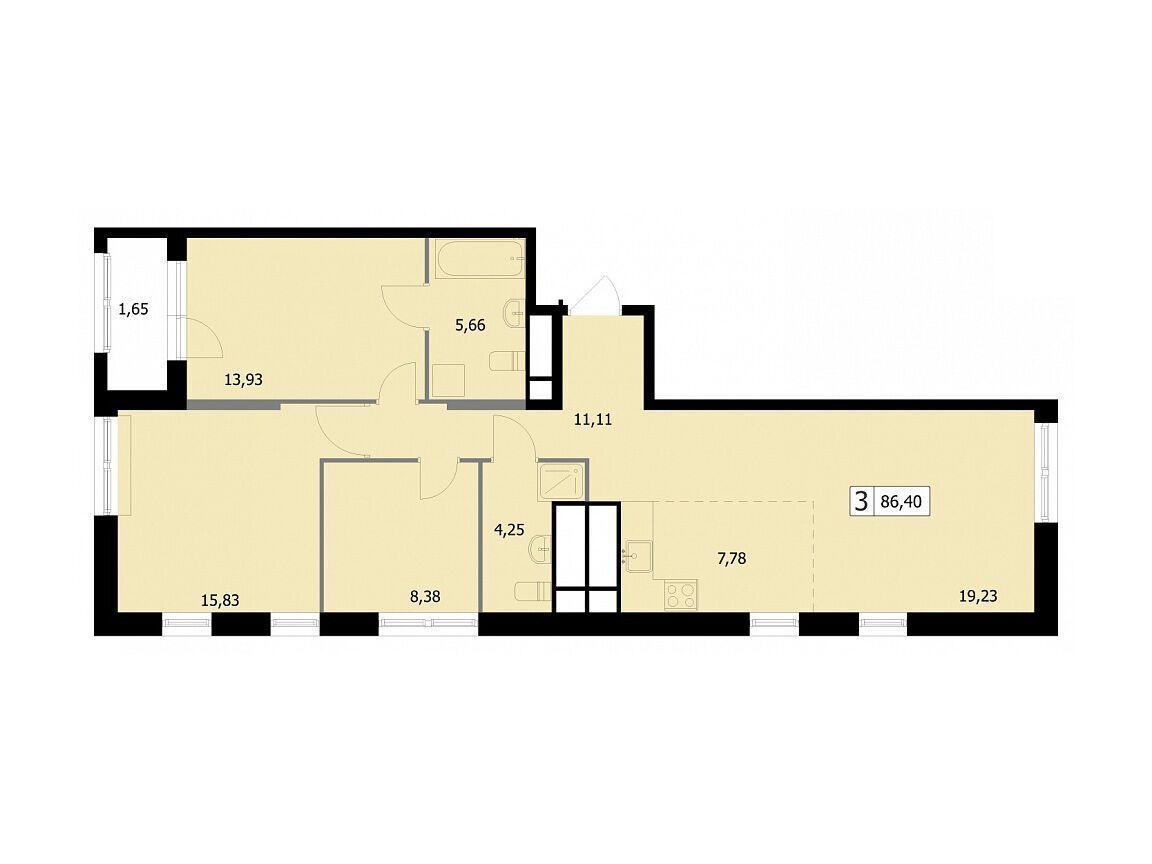 Планировка: 3-комн. квартира 86.40 м² в новостройке Парковый квартал Селф