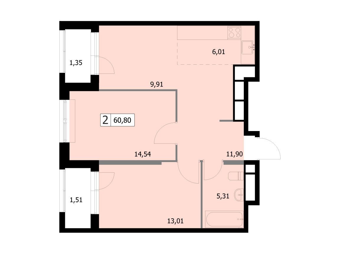 Планировка: 2-комн. квартира 60.80 м² в новостройке Парковый квартал Селф