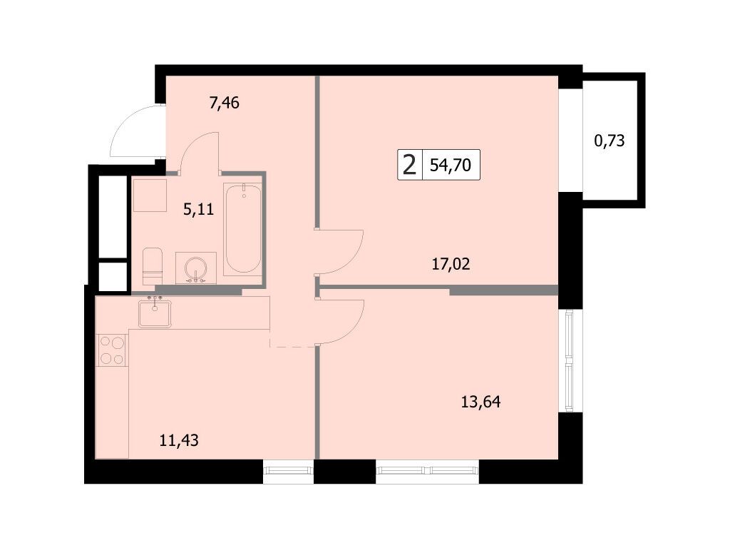Планировка: 2-комн. квартира 54.70 м² в новостройке Парковый квартал Селф