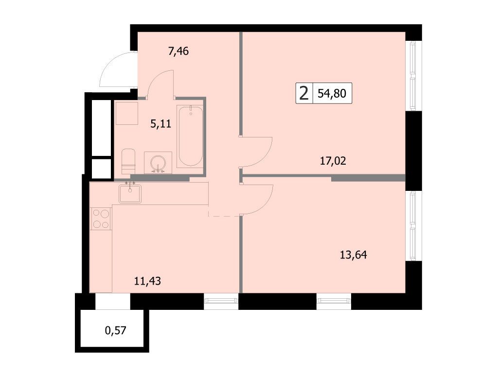 Планировка: 2-комн. квартира 54.80 м² в новостройке Парковый квартал Селф