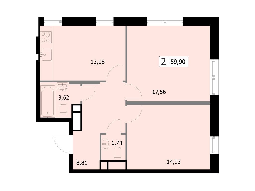 Планировка: 2-комн. квартира 59.90 м² в новостройке Парковый квартал Селф