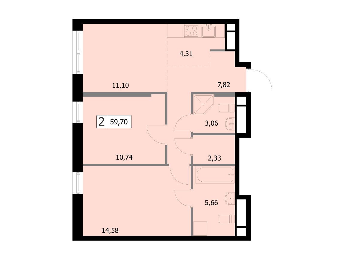 Планировка: 2-комн. квартира 59.70 м² в новостройке Селф