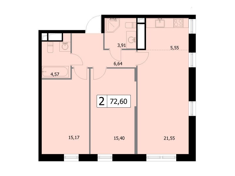 Планировка: 2-комн. квартира 72.60 м² в новостройке Парковый квартал Селф