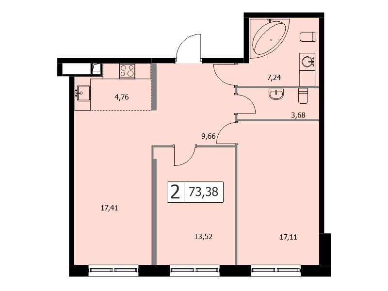 Планировка: 2-комн. квартира 73.40 м² в новостройке Селф