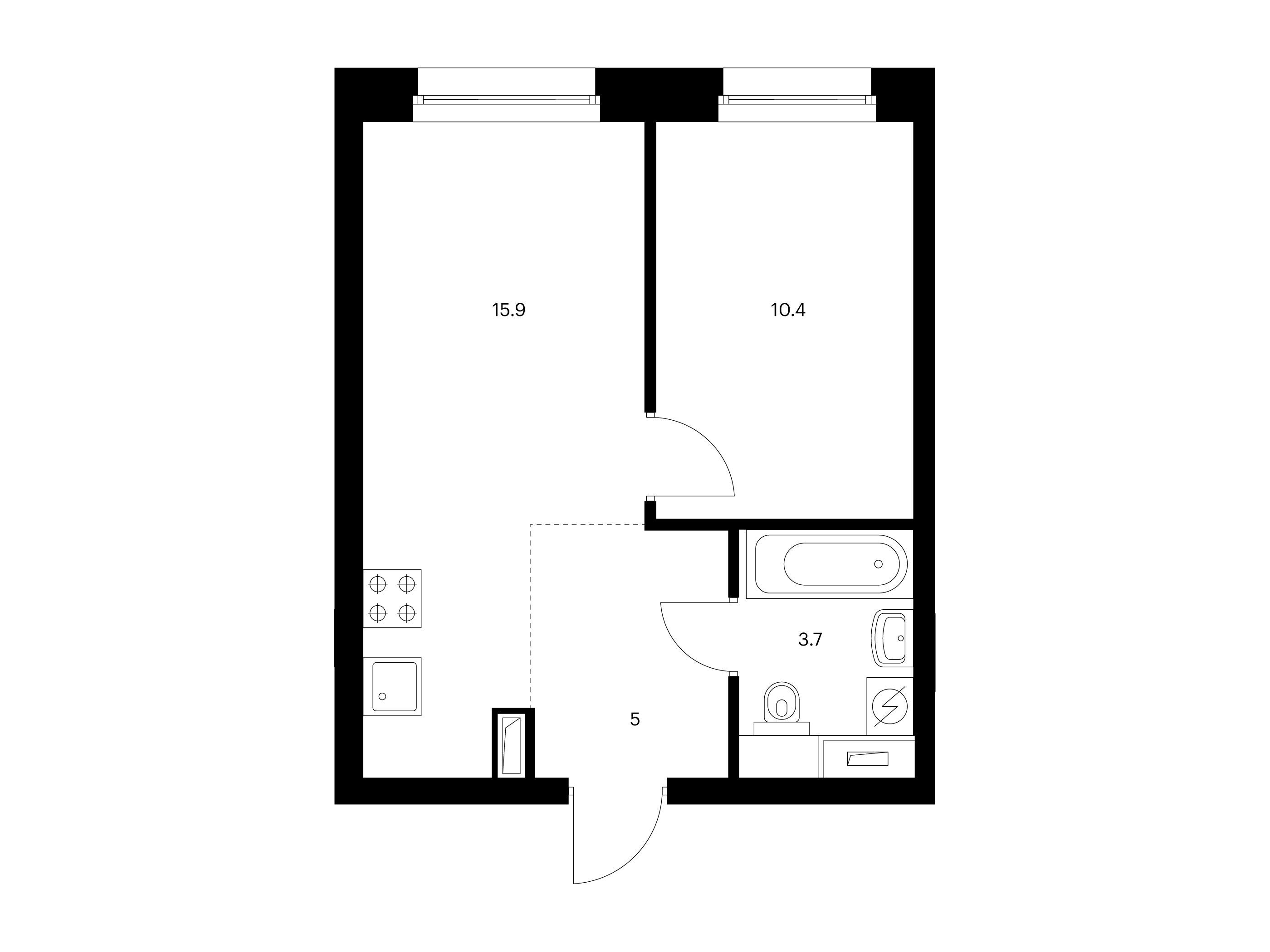 Планировка: 1-комн. квартира 35.00 м² в новостройке Полар