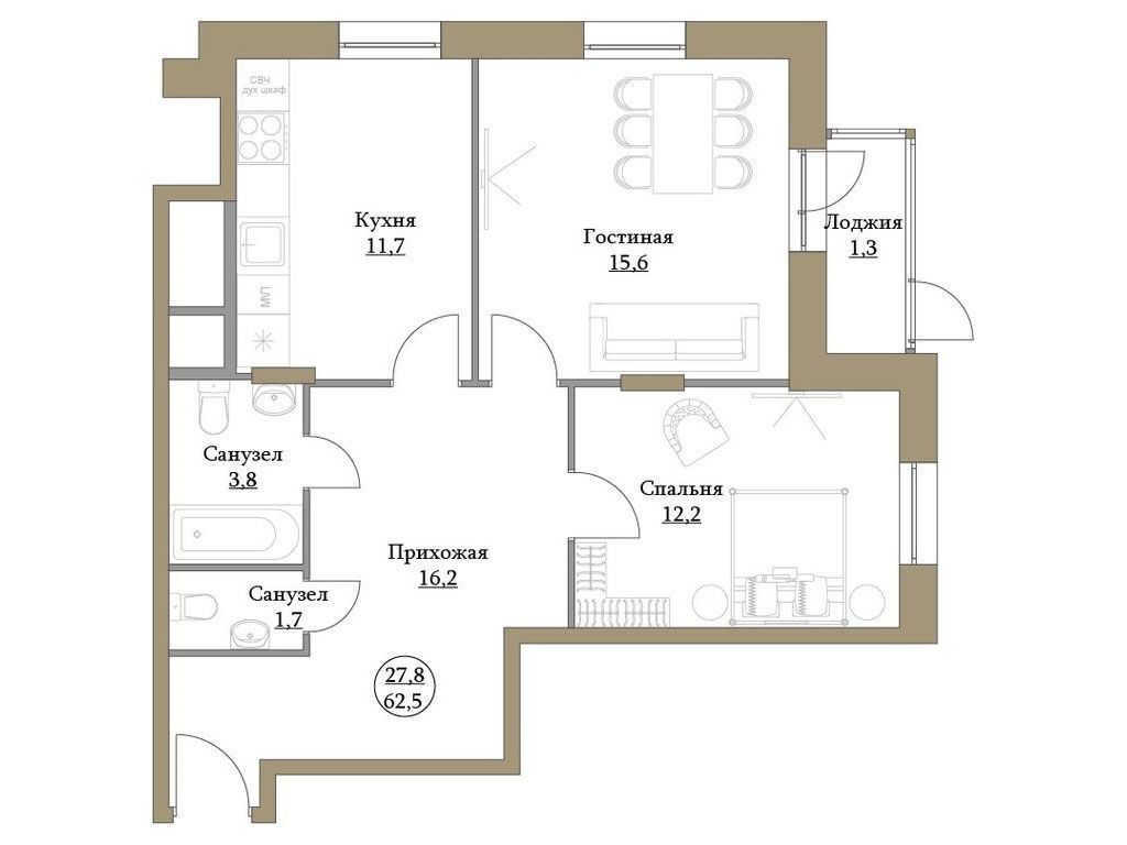 Планировка: 2-комн. квартира 62.50 м² в новостройке Большая семерка