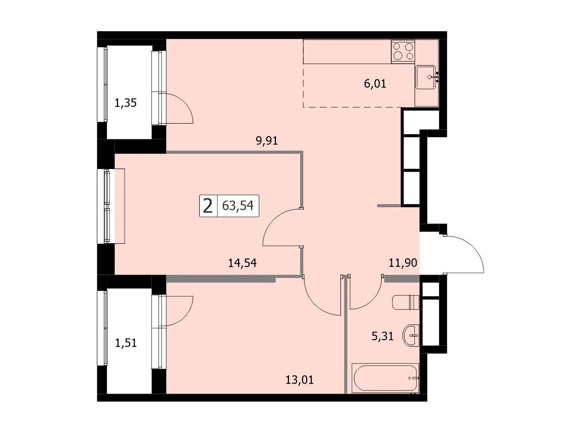 Планировка: 2-комн. квартира 61.00 м² в новостройке Селф