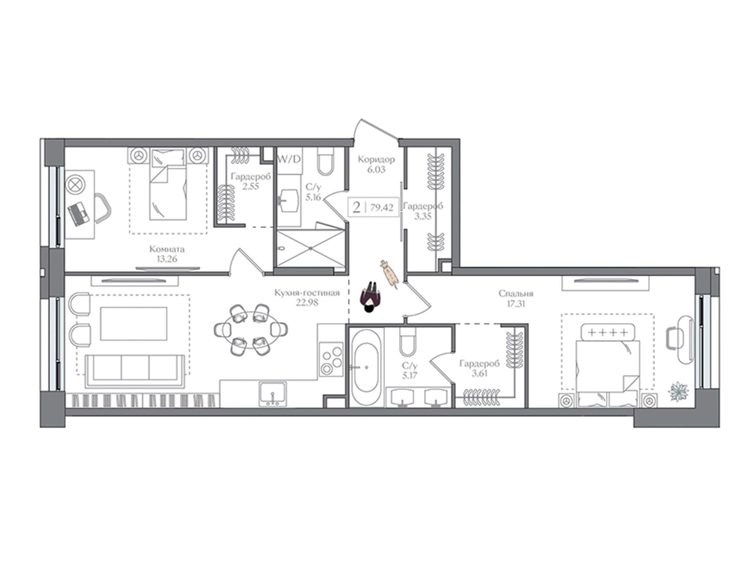 Планировка: 2-комн. квартира 79.42 м² в новостройке ЖК Преображенская площадь