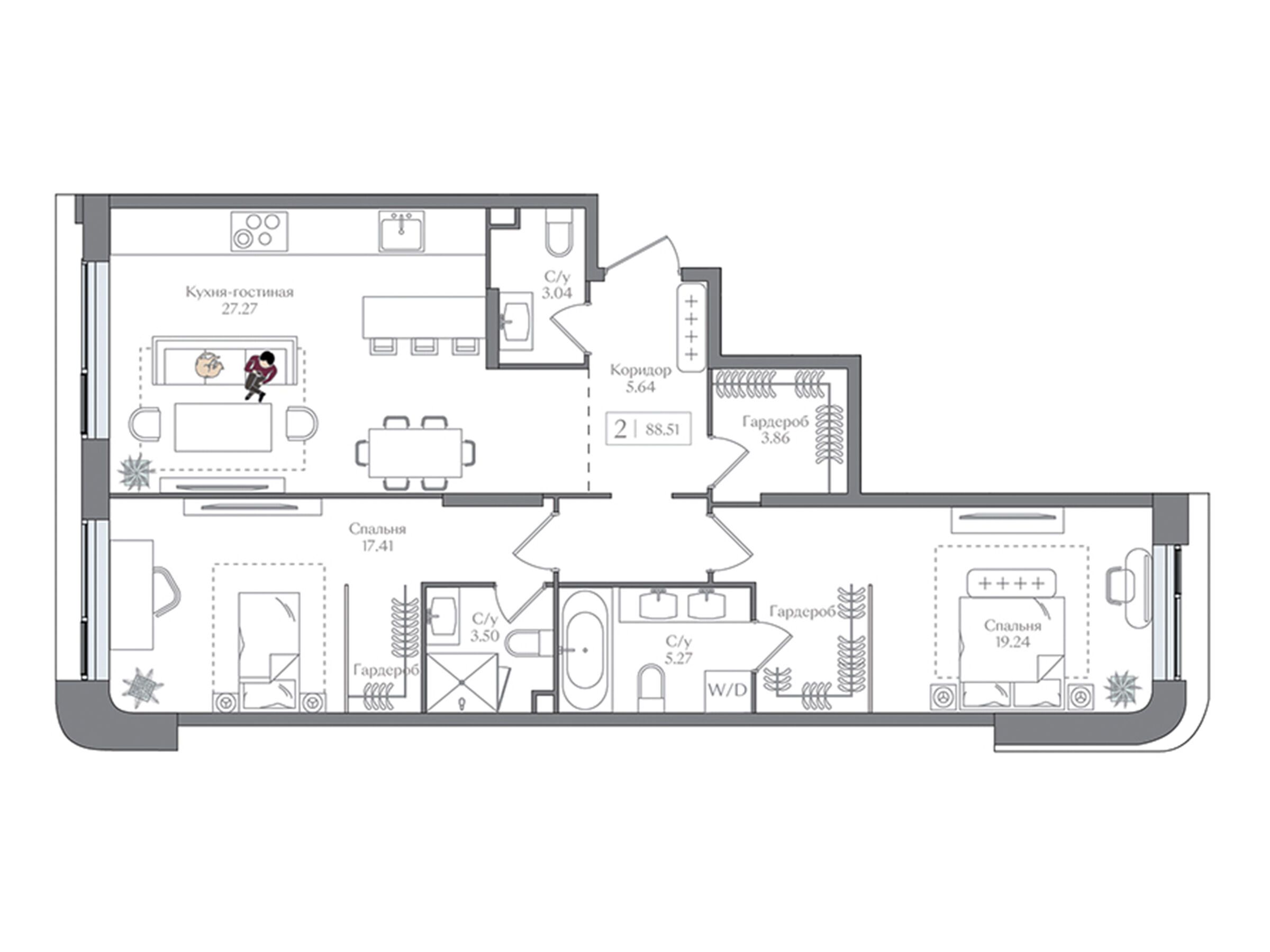 Планировка: 2-комн. квартира 88.05 м² в новостройке Преображенская площадь
