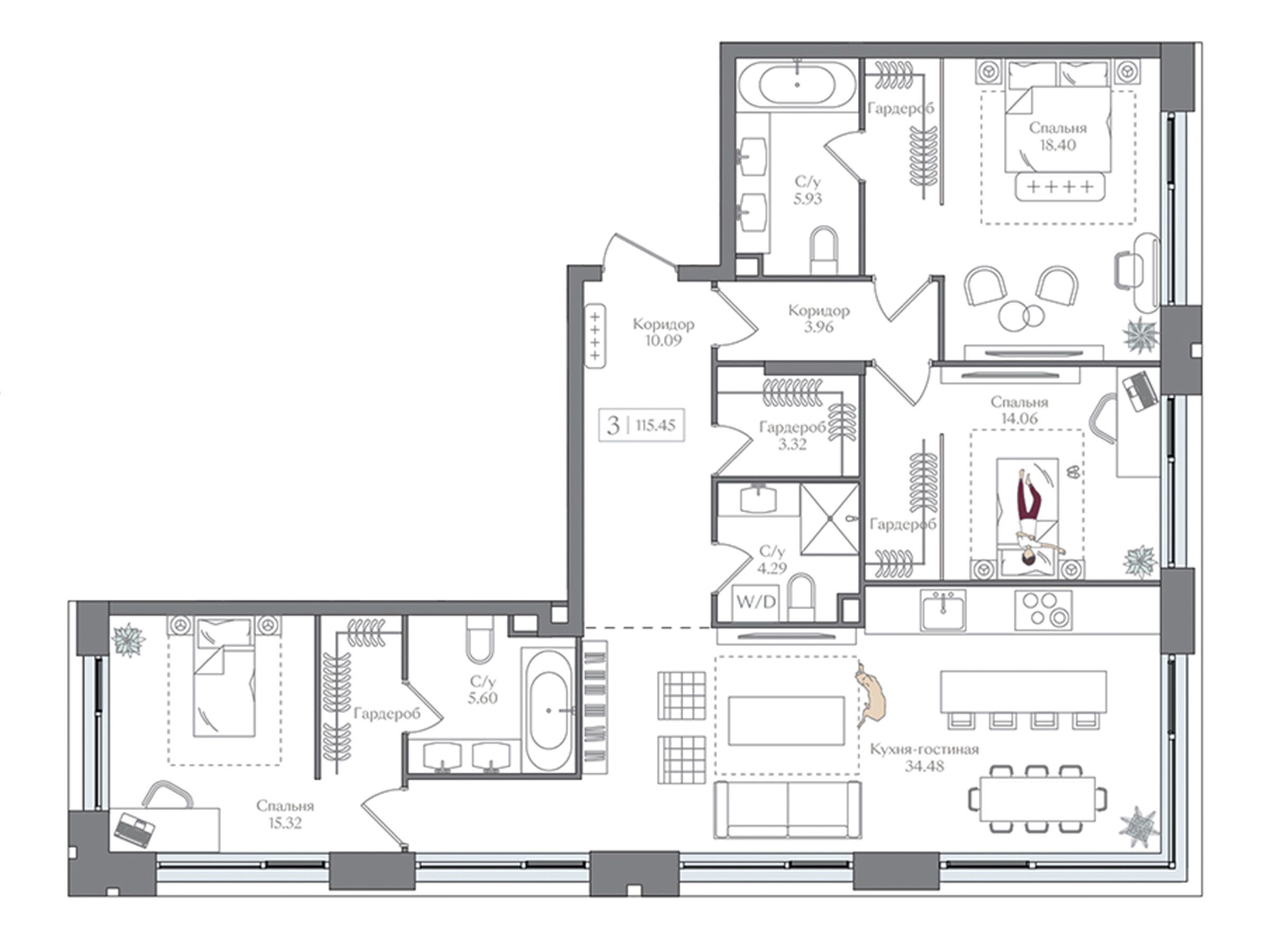 Планировка: 3-комн. квартира 115.45 м² в новостройке Преображенская площадь