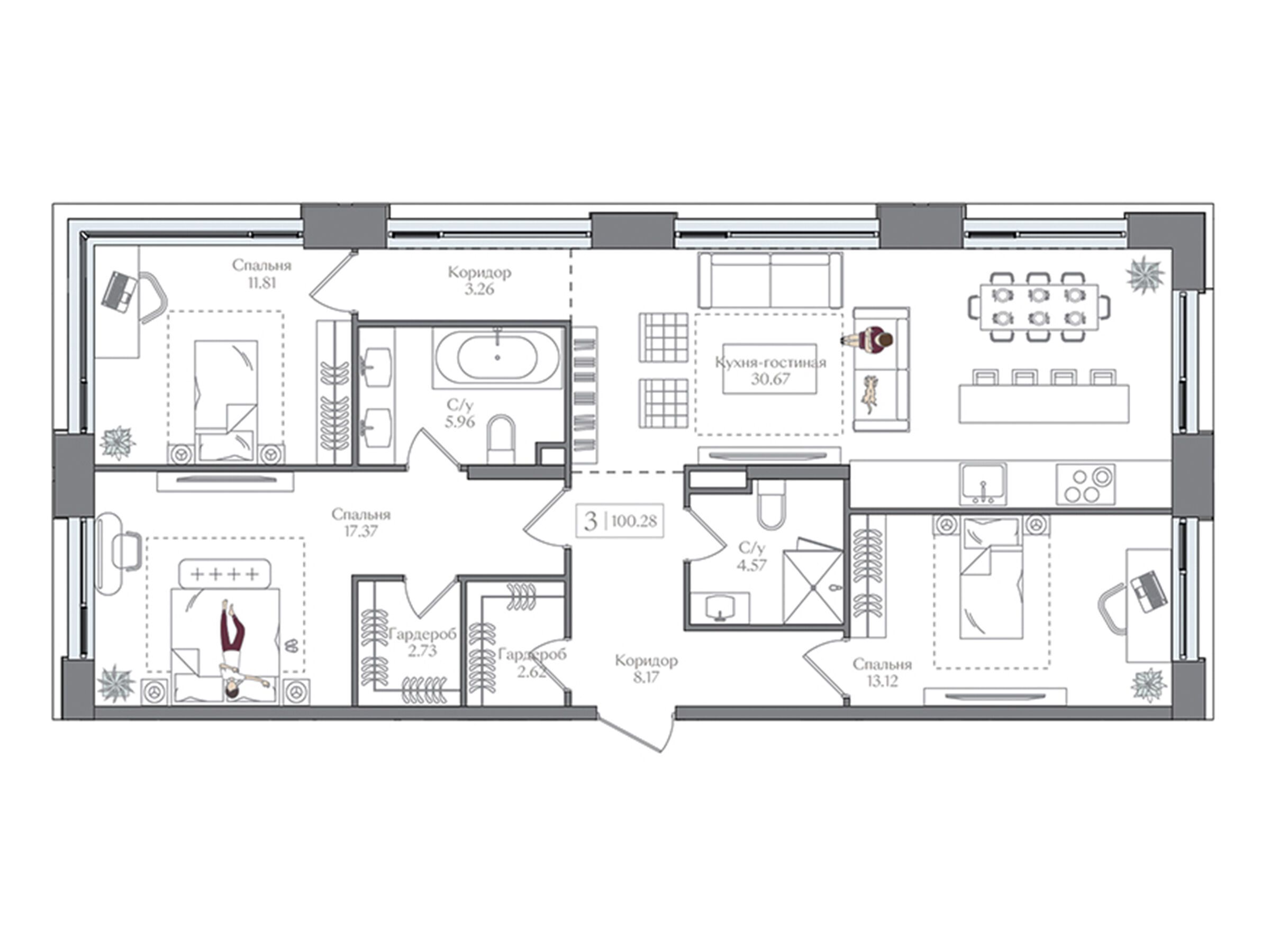Планировка: 3-комн. квартира 100.28 м² в новостройке Преображенская площадь