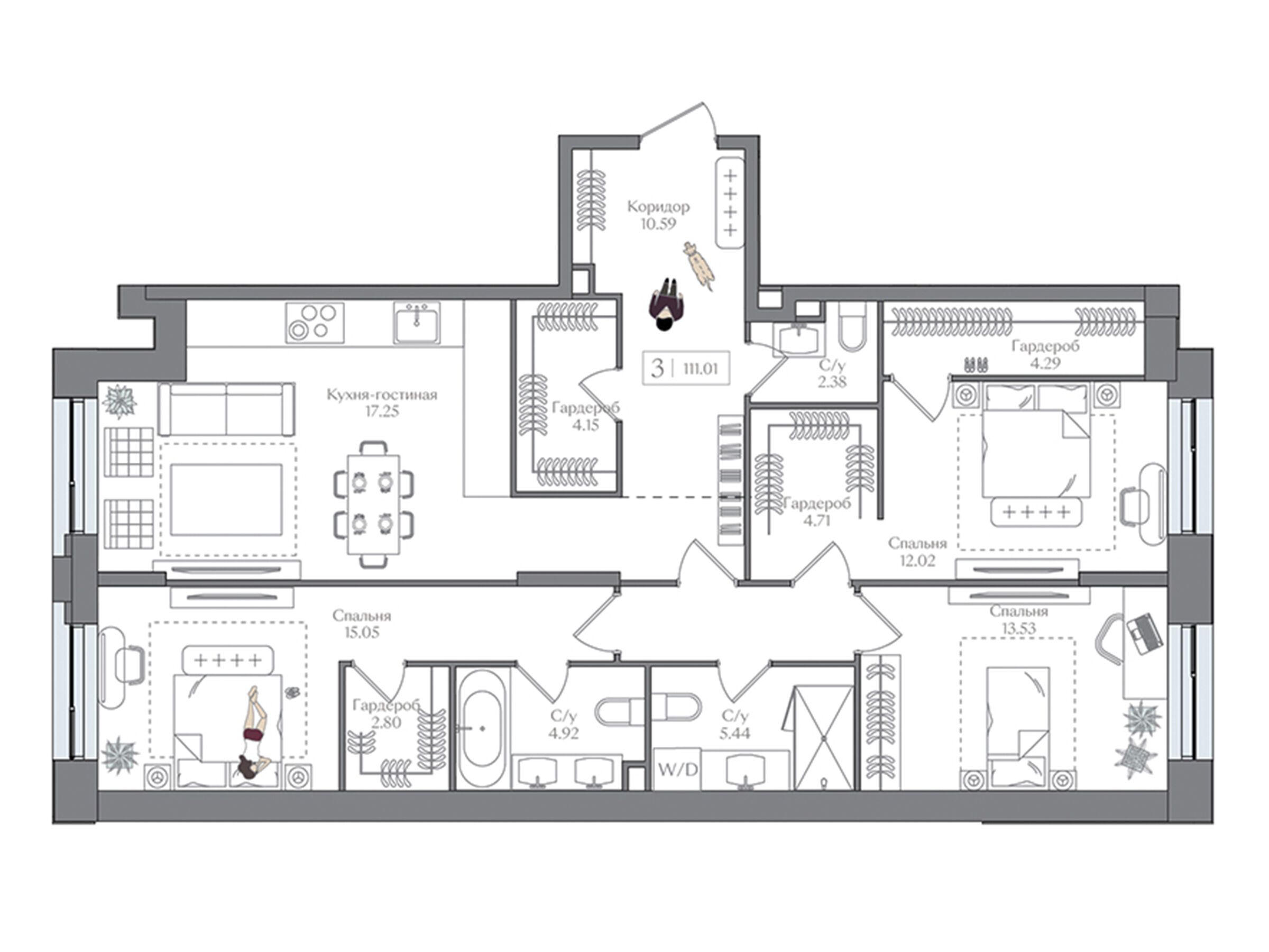 Планировка: 3-комн. квартира 111.01 м² в новостройке Преображенская площадь