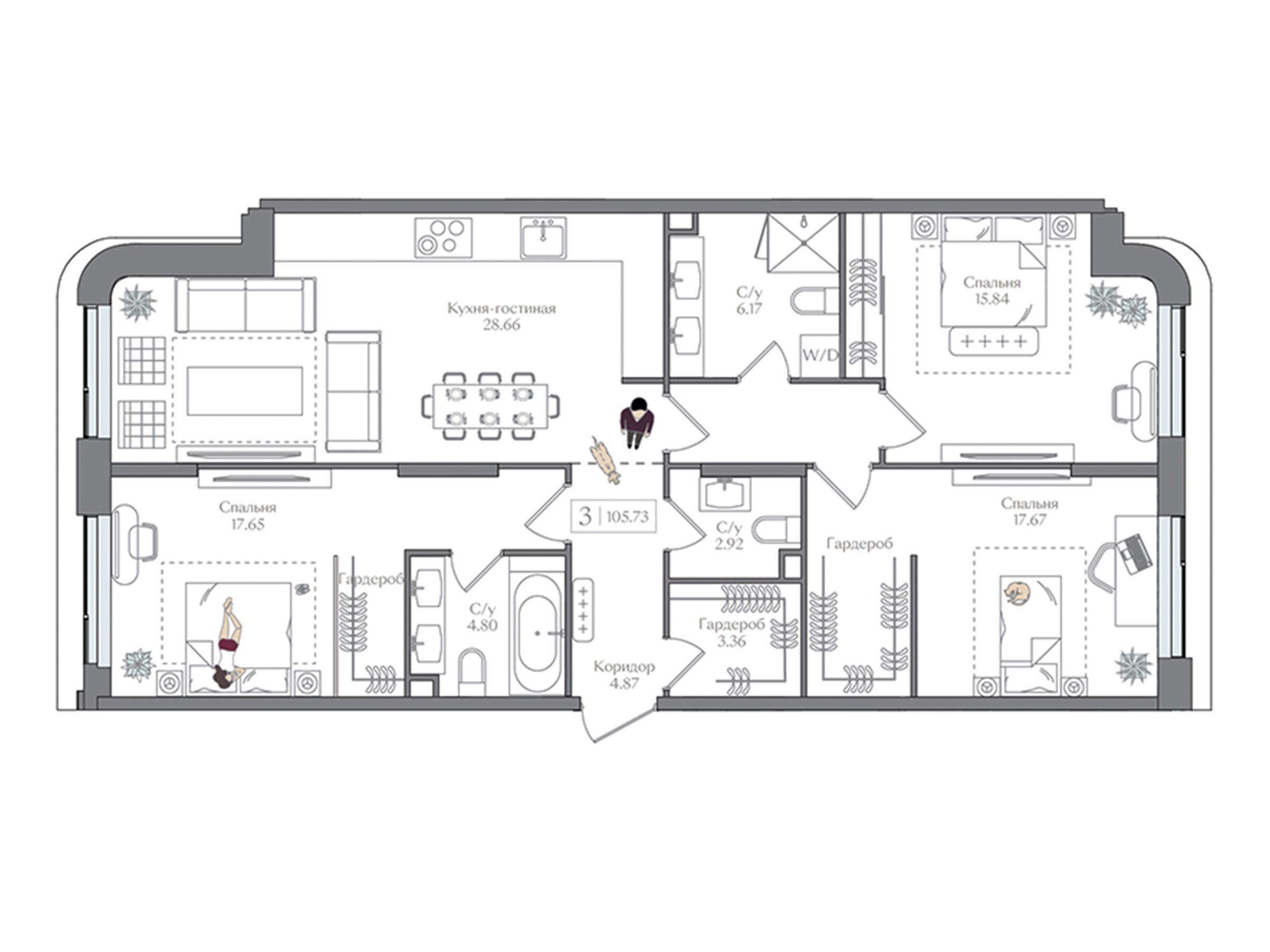 Планировка: 3-комн. квартира 105.73 м² в новостройке Преображенская площадь