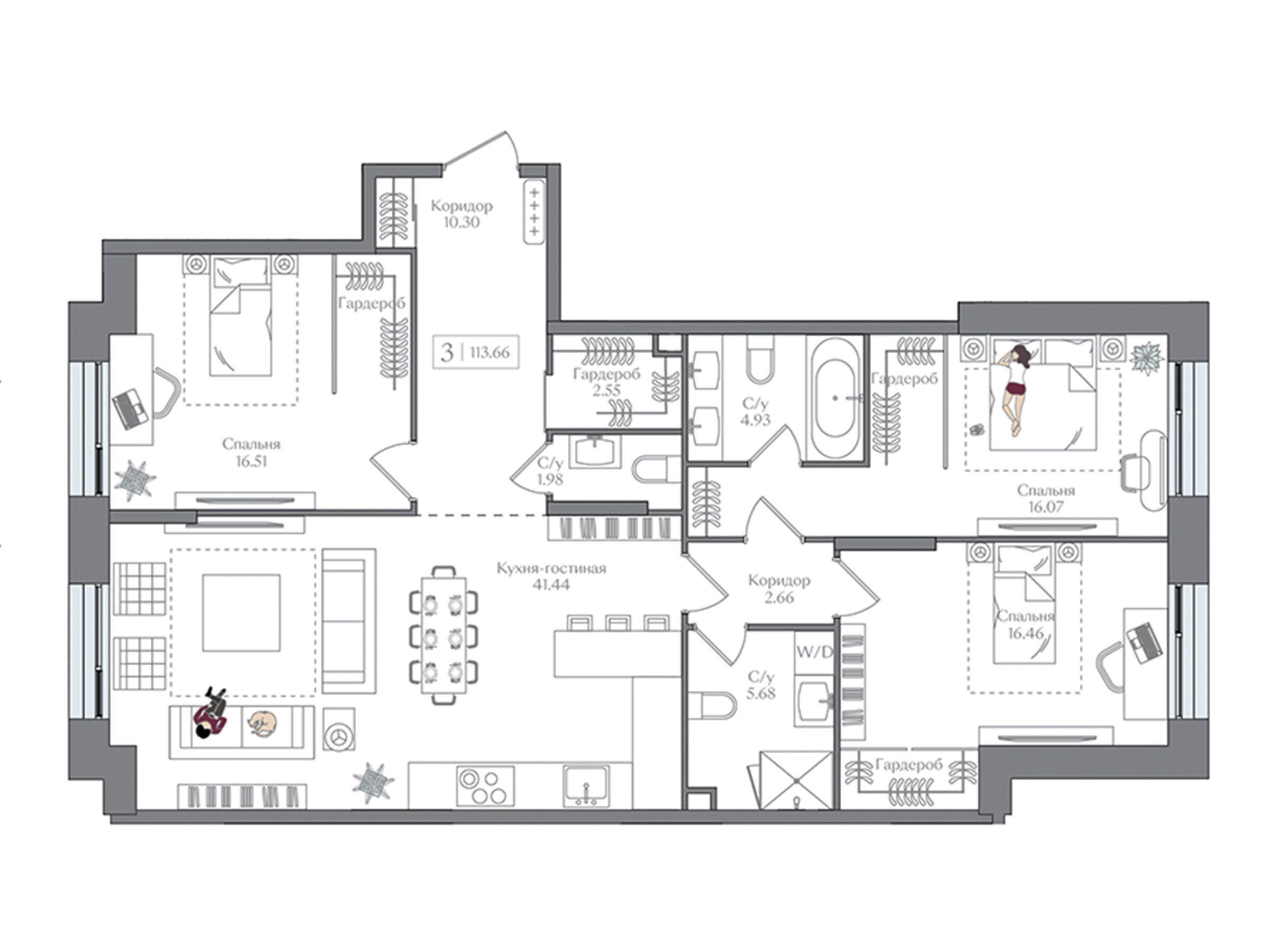 Планировка: 3-комн. квартира 113.66 м² в новостройке Преображенская площадь