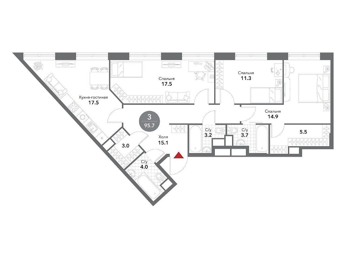 Планировка: 3-комн. квартира 96.10 м² в новостройке ЖК Воксхолл