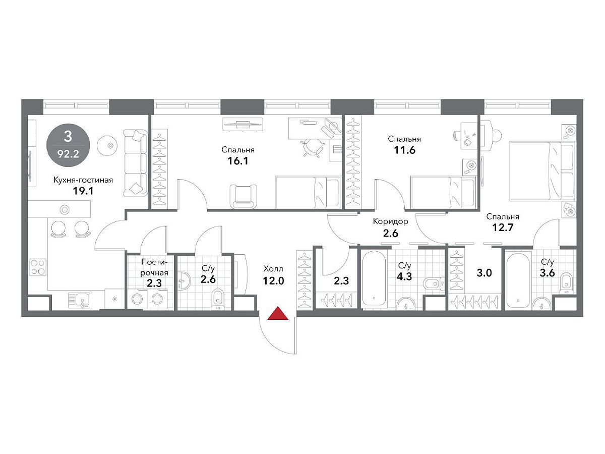 Планировка: 4-комн. квартира 92.20 м² в новостройке ЖК Воксхолл