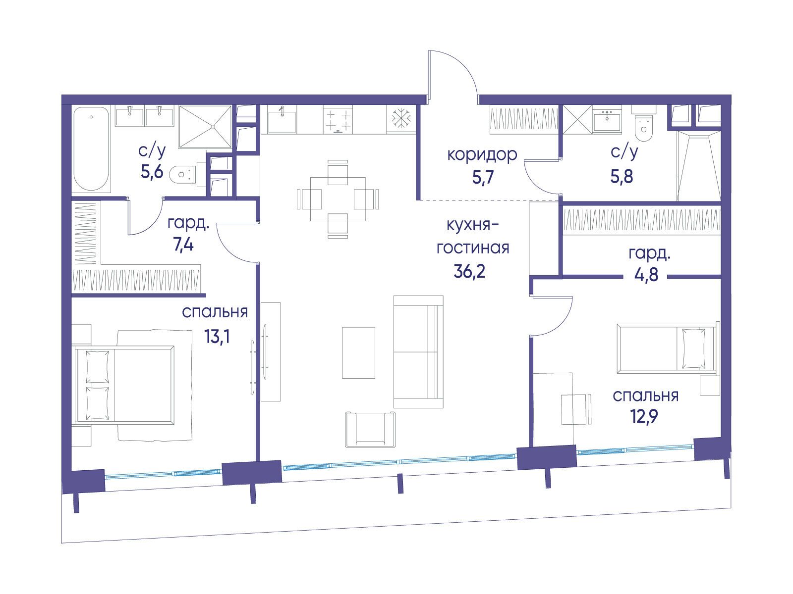 Планировка: 2-комн. квартира 91.50 м² в новостройке Остров