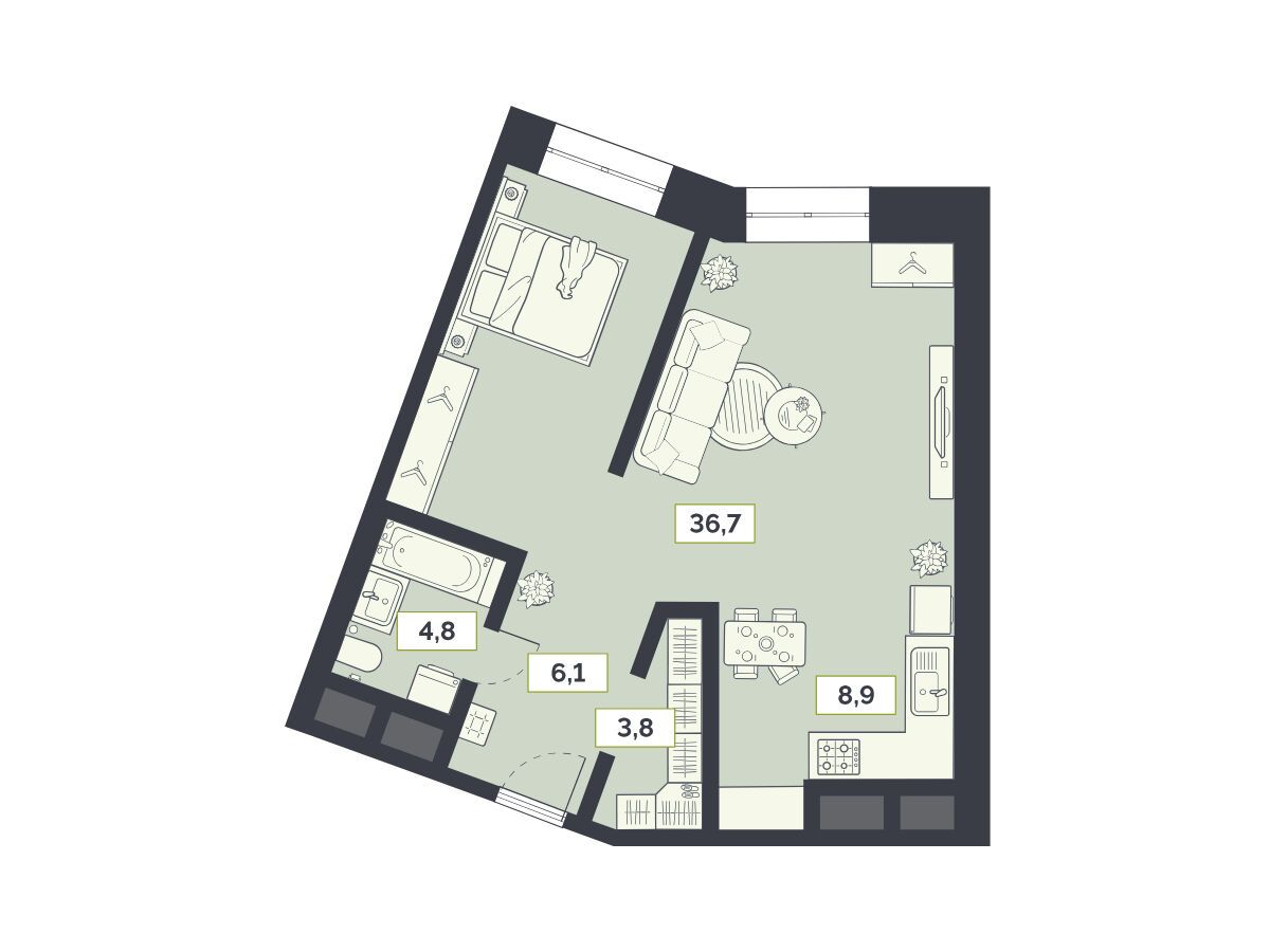 Планировка: 1-комн. квартира 60.30 м² в новостройке ЖК Лайм