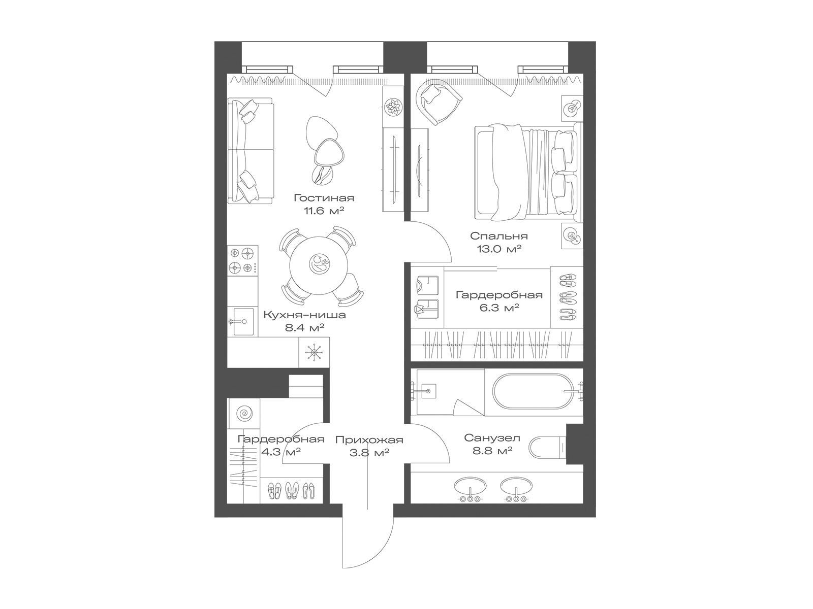Планировка: 1-комн. квартира 56.20 м² в новостройке ЖК Опус