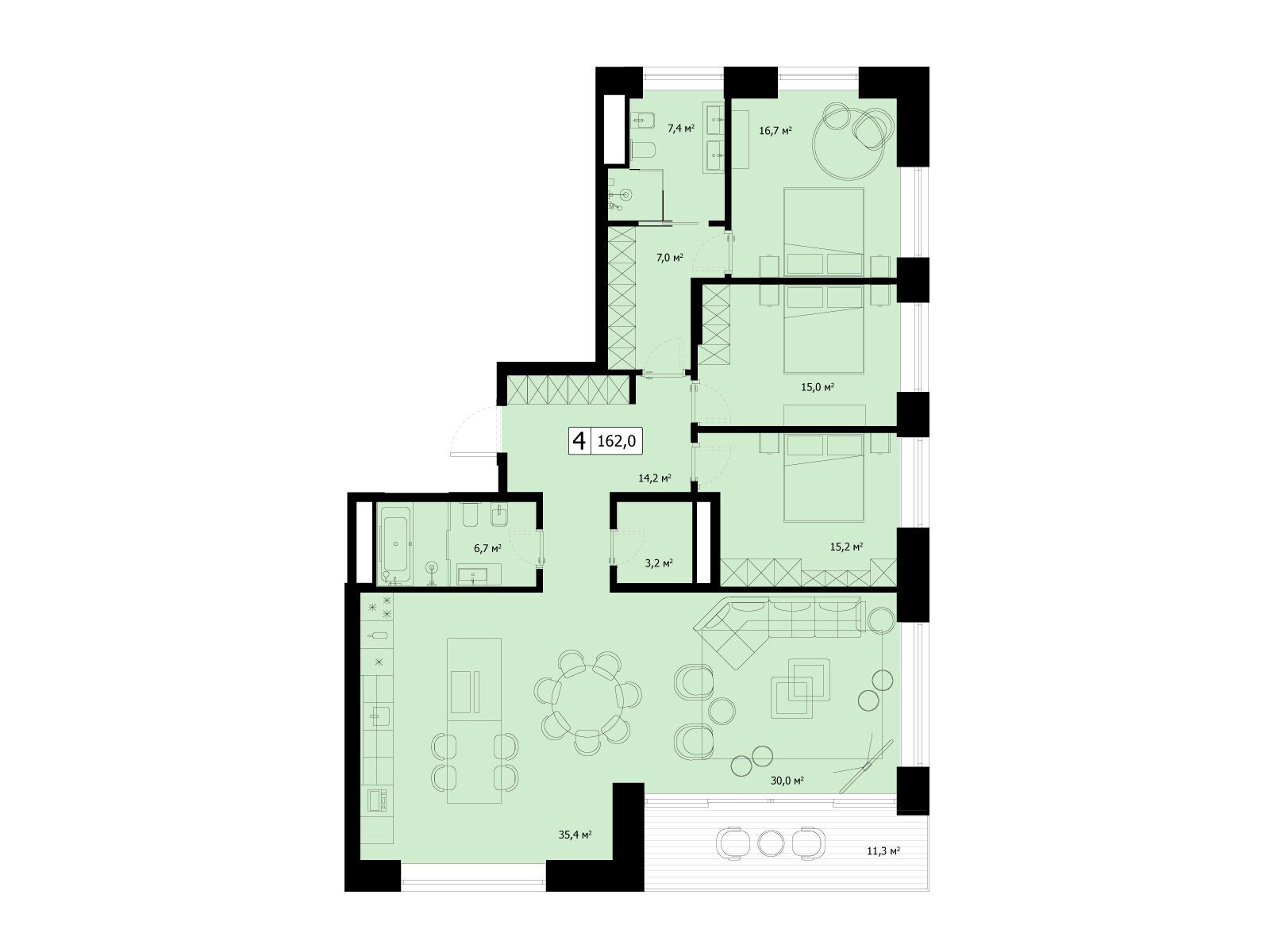 Планировка: 3-комн. квартира 162.00 м² в новостройке Вудс
