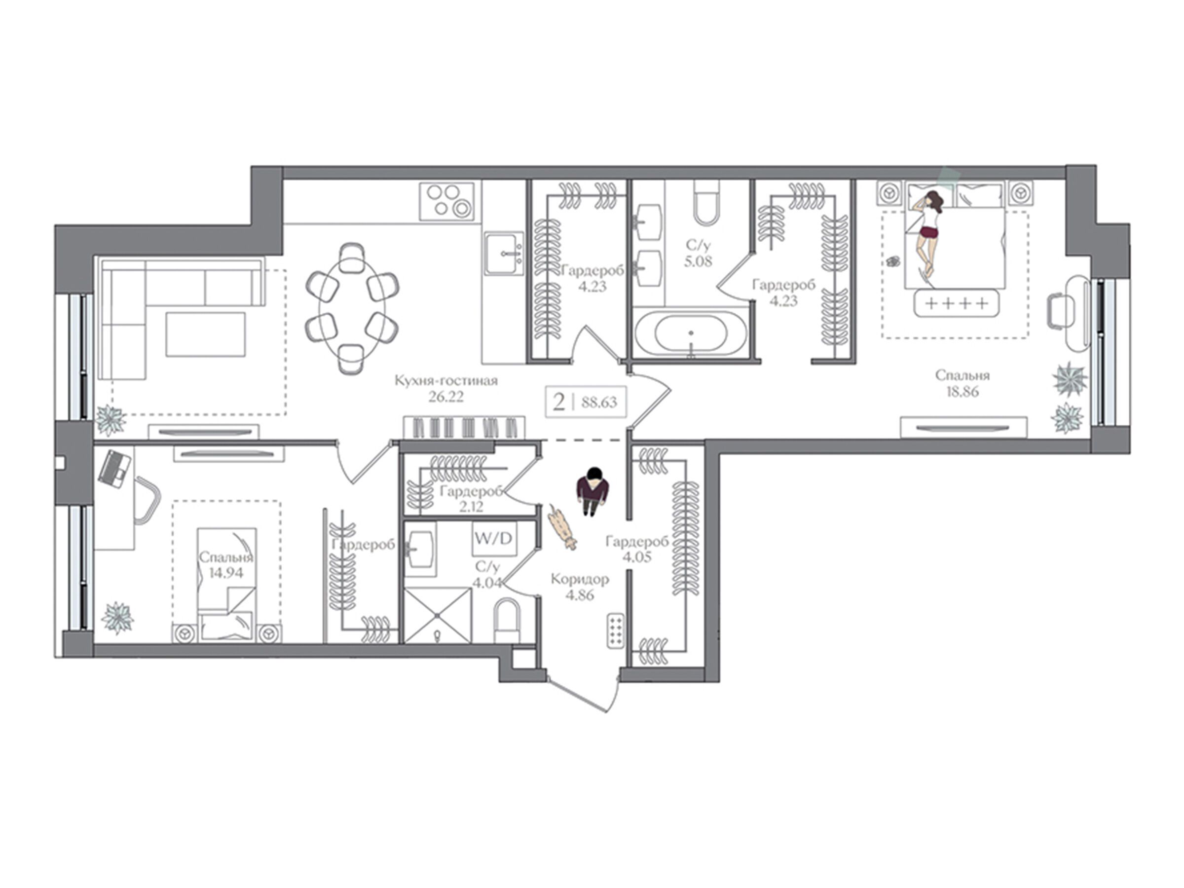Планировка: 2-комн. квартира 88.63 м² в новостройке ЖК Преображенская площадь