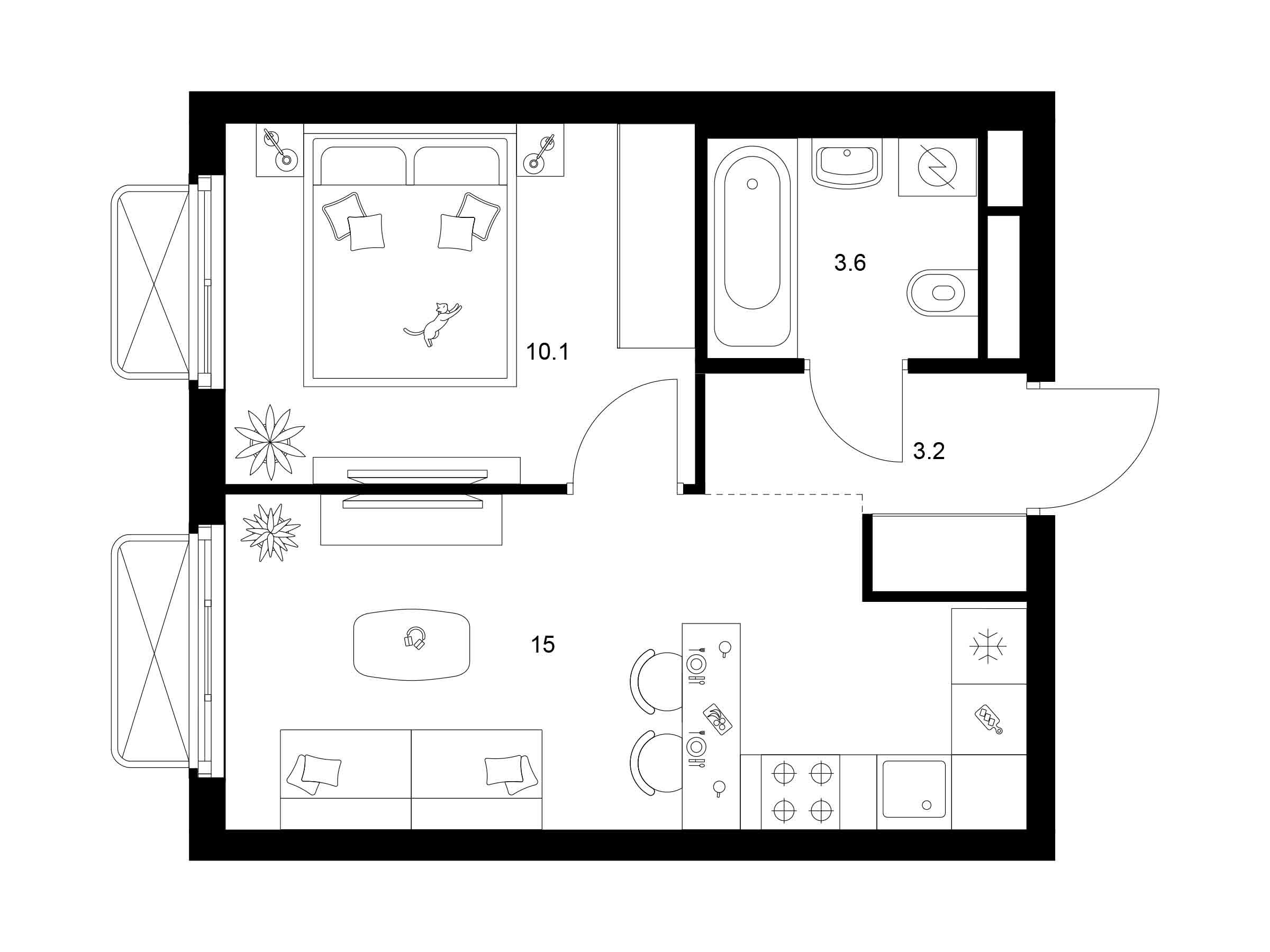 Планировка: 1-комн. квартира 31.90 м² в новостройке 2-й Иртышский