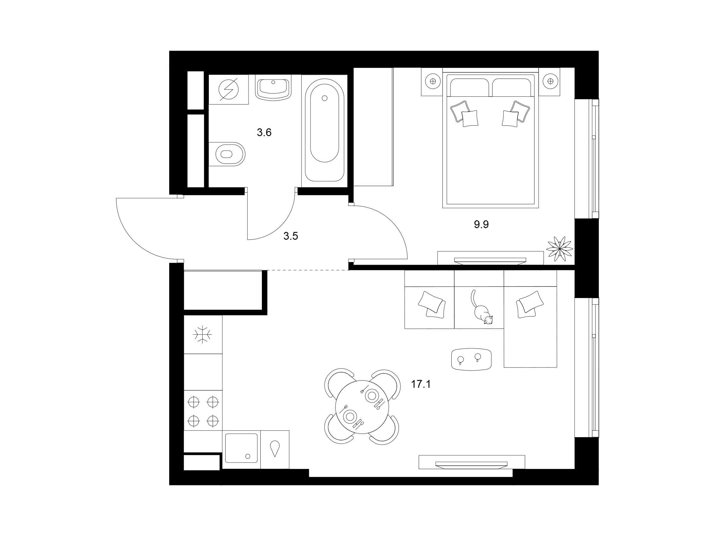 Планировка: 1-комн. квартира 34.10 м² в новостройке 2-й Иртышский