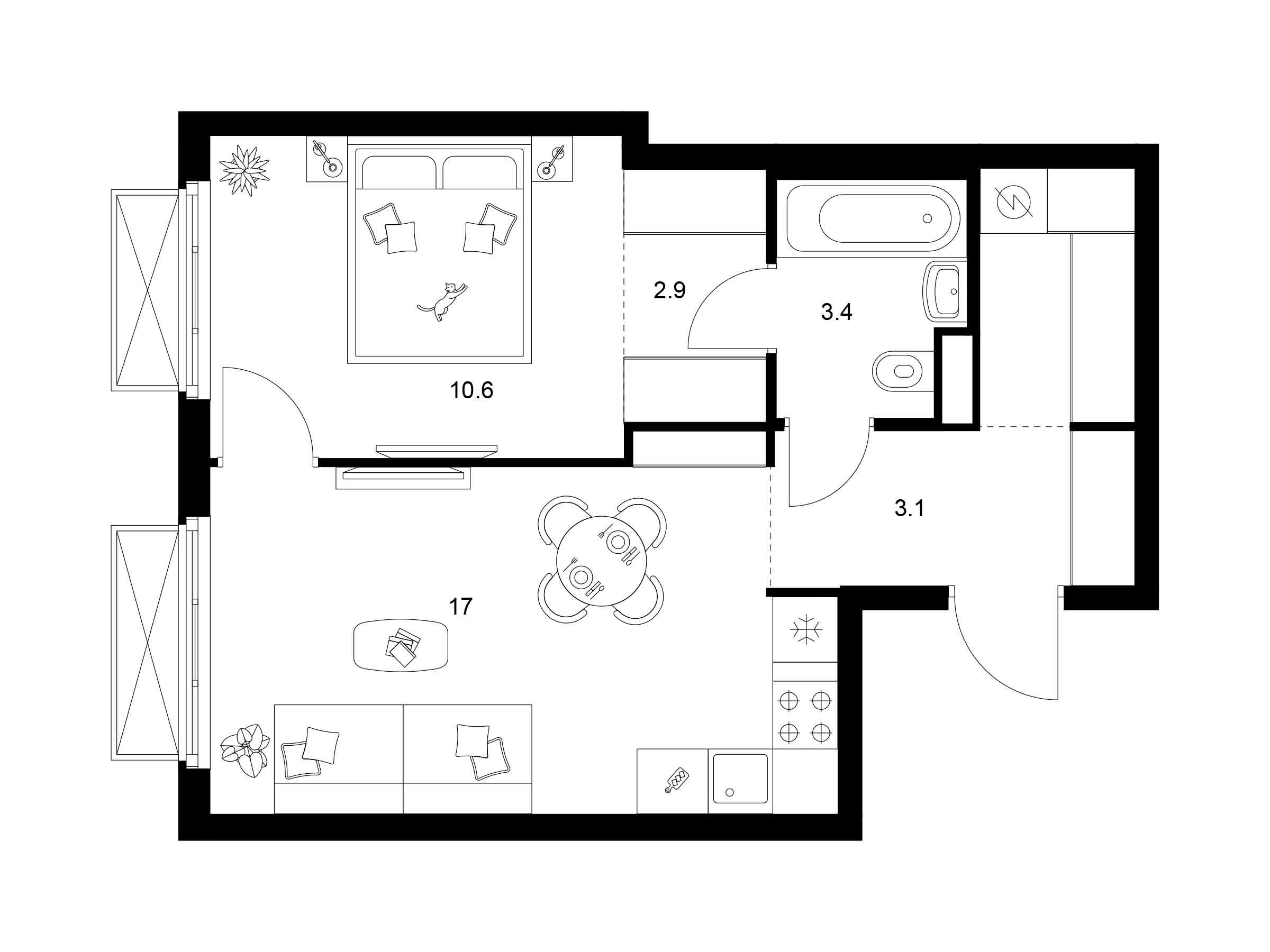 Планировка: 1-комн. квартира 41.50 м² в новостройке 2-й Иртышский