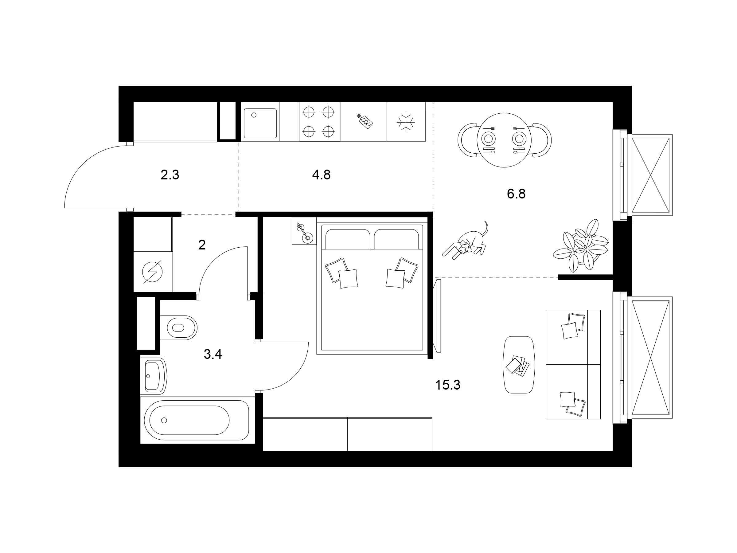 Планировка: 1-комн. квартира 34.60 м² в новостройке 2-й Иртышский