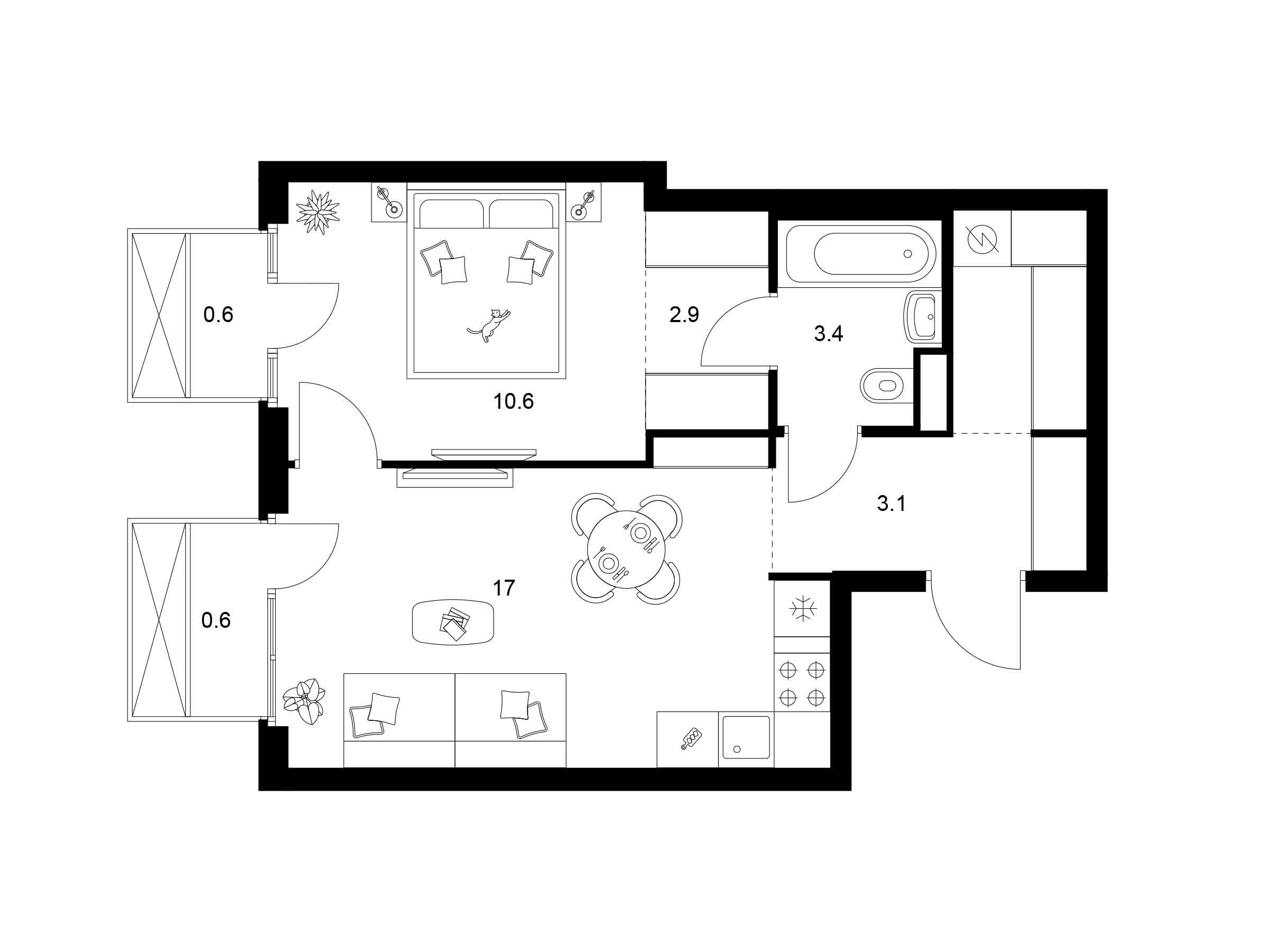 Планировка: 1-комн. квартира 42.70 м² в новостройке 2-й Иртышский
