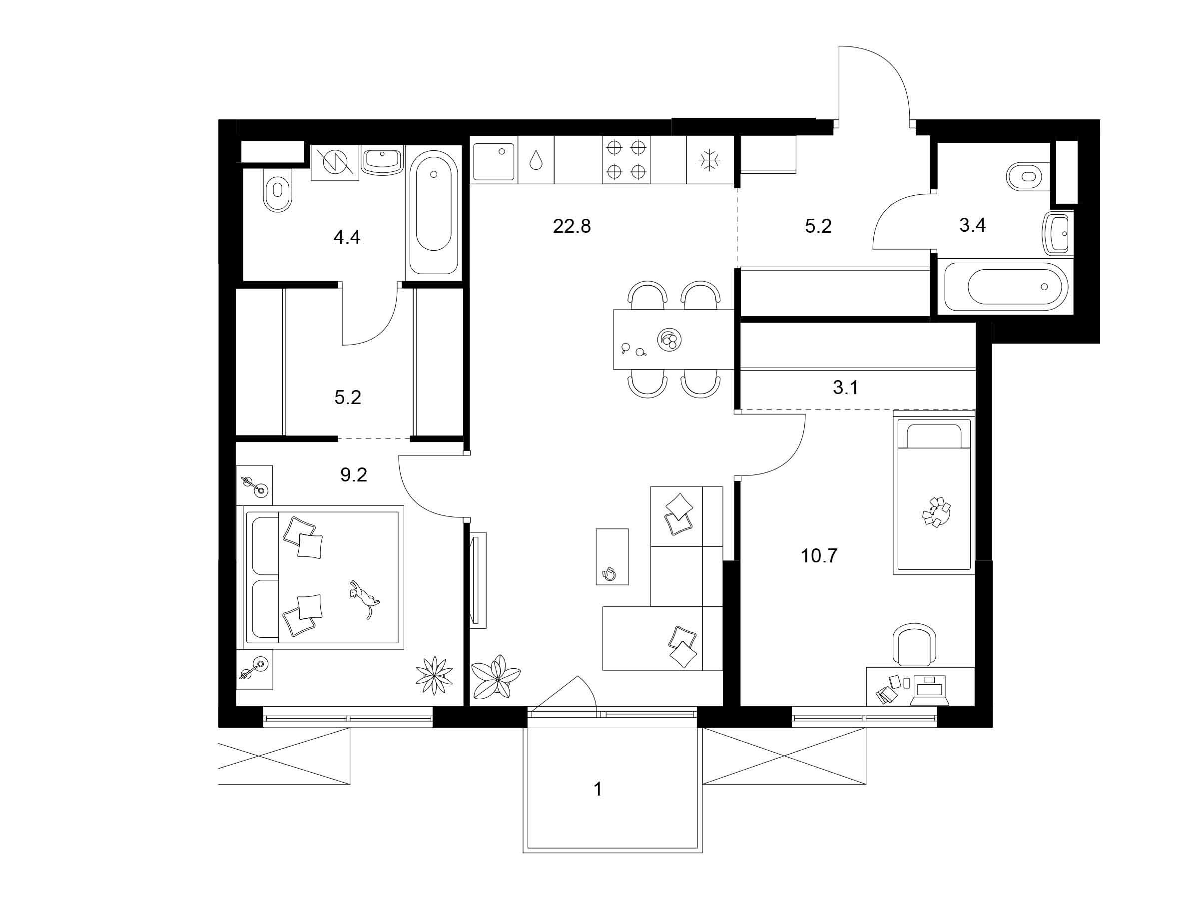 Планировка: 2-комн. квартира 65.00 м² в новостройке Кавказский бульвар 51