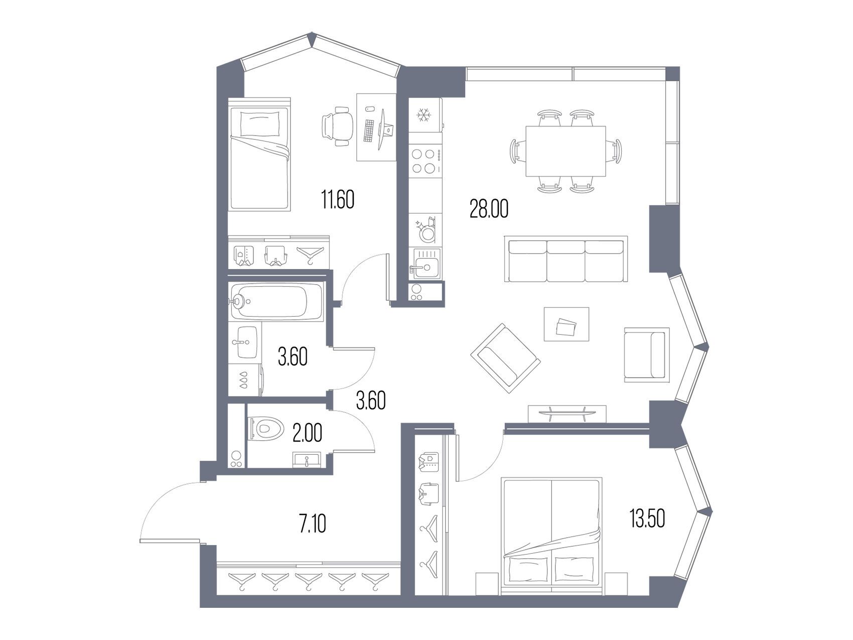 Планировка: 2-комн. квартира 69.40 м² в новостройке Северный Порт