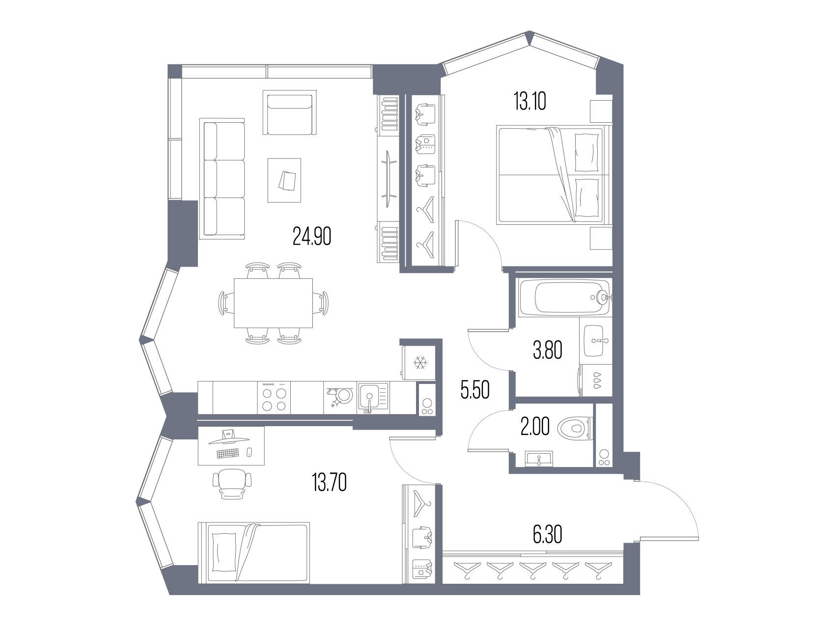 Планировка: 2-комн. квартира 69.30 м² в новостройке Северный Порт