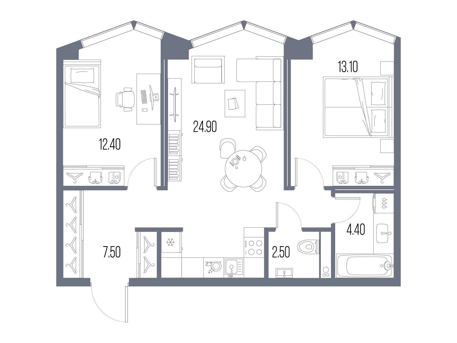 Планировка: 2-комн. квартира 64.80 м² в новостройке Северный Порт
