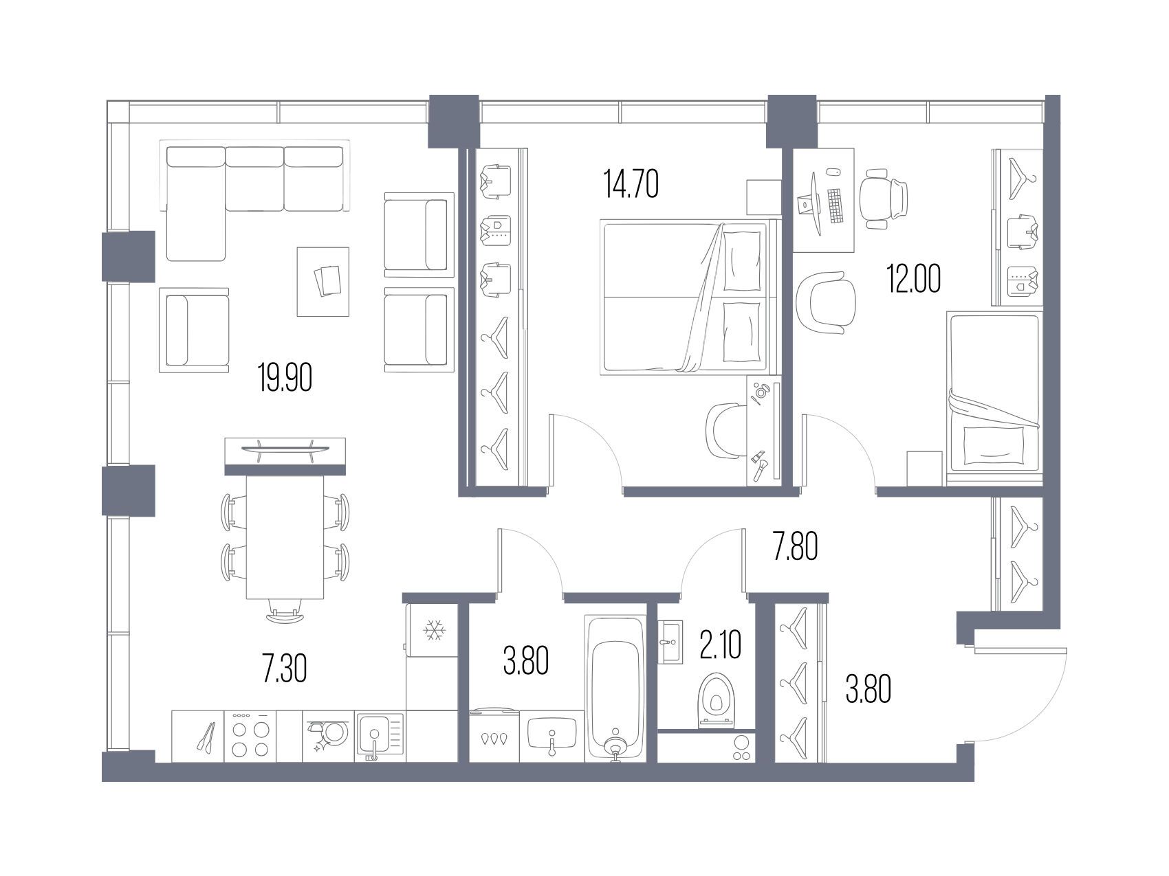 Планировка: 2-комн. квартира 71.40 м² в новостройке Северный Порт