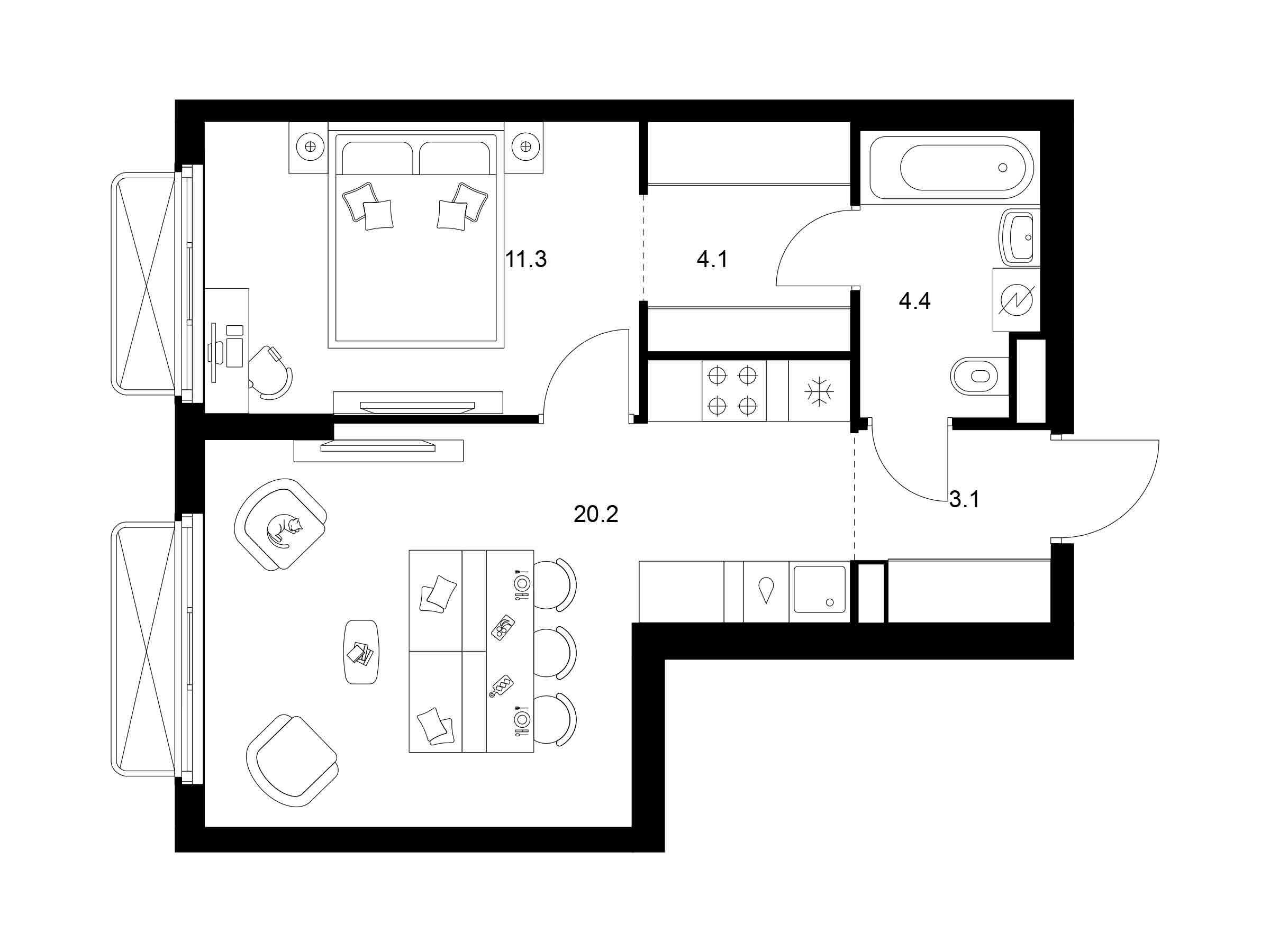 Планировка: 1-комн. квартира 43.10 м² в новостройке 2-й Иртышский